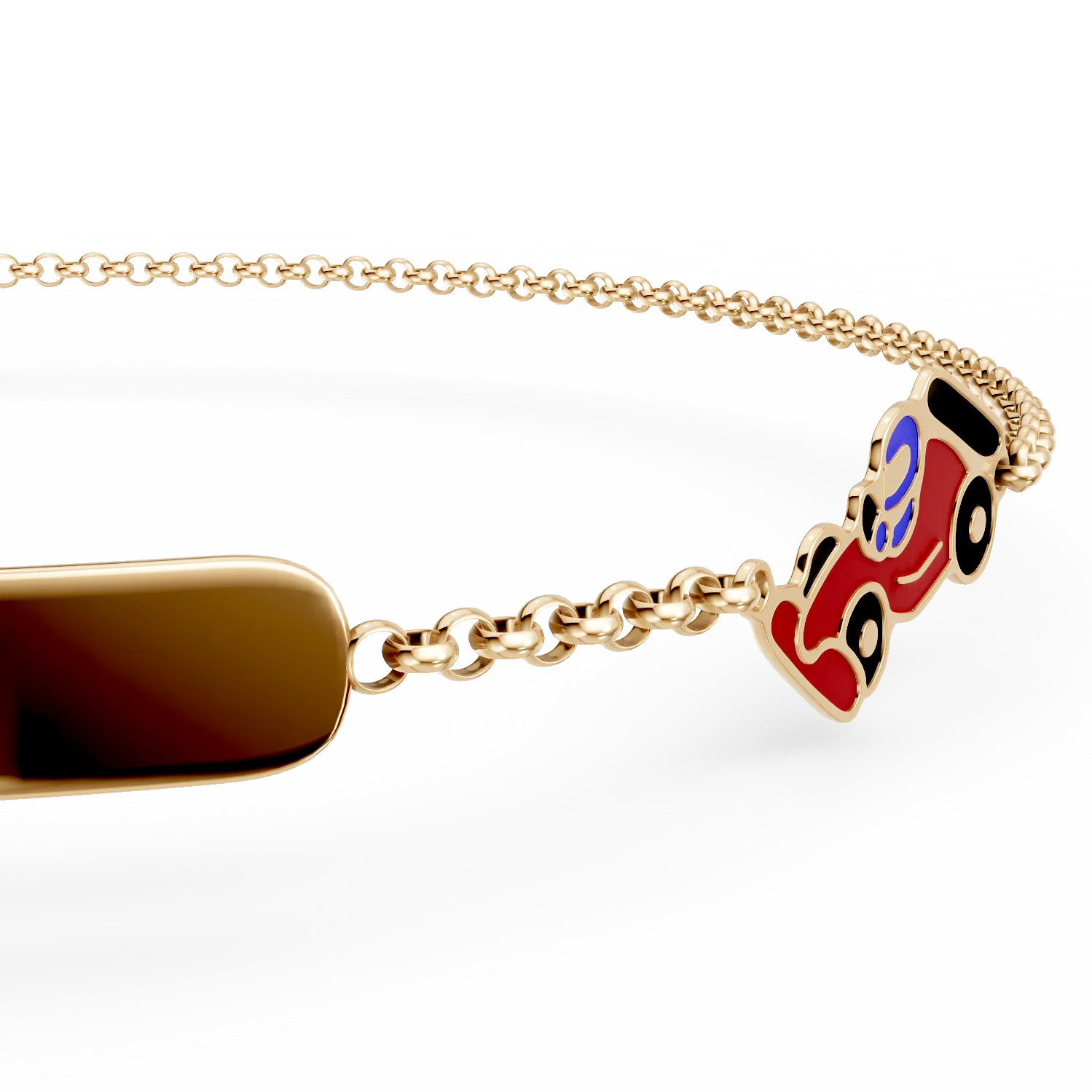 Детска гривна от жълто злато с висулка количка и плочка за гравиране