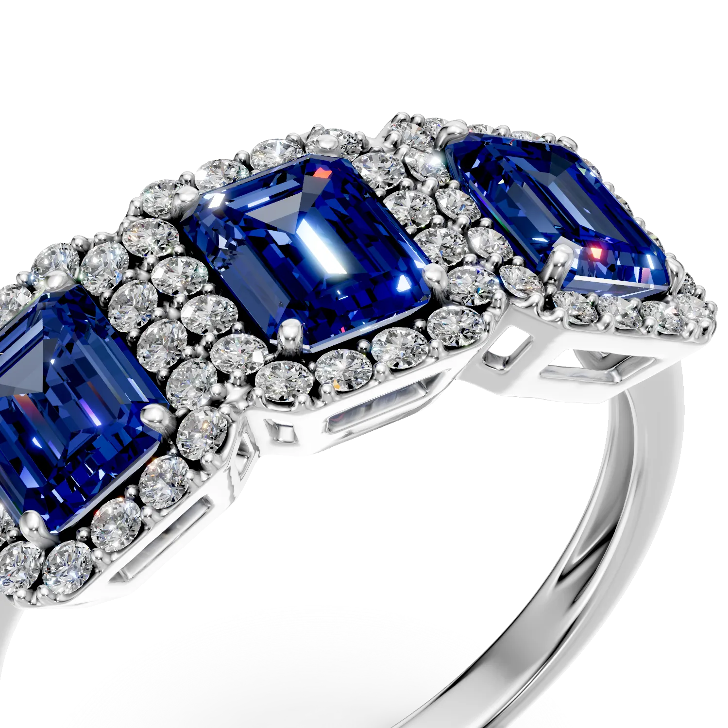 Pierscionek z bialego zlota z szafirami emerald 1.4ct i diamentami 0.3ct