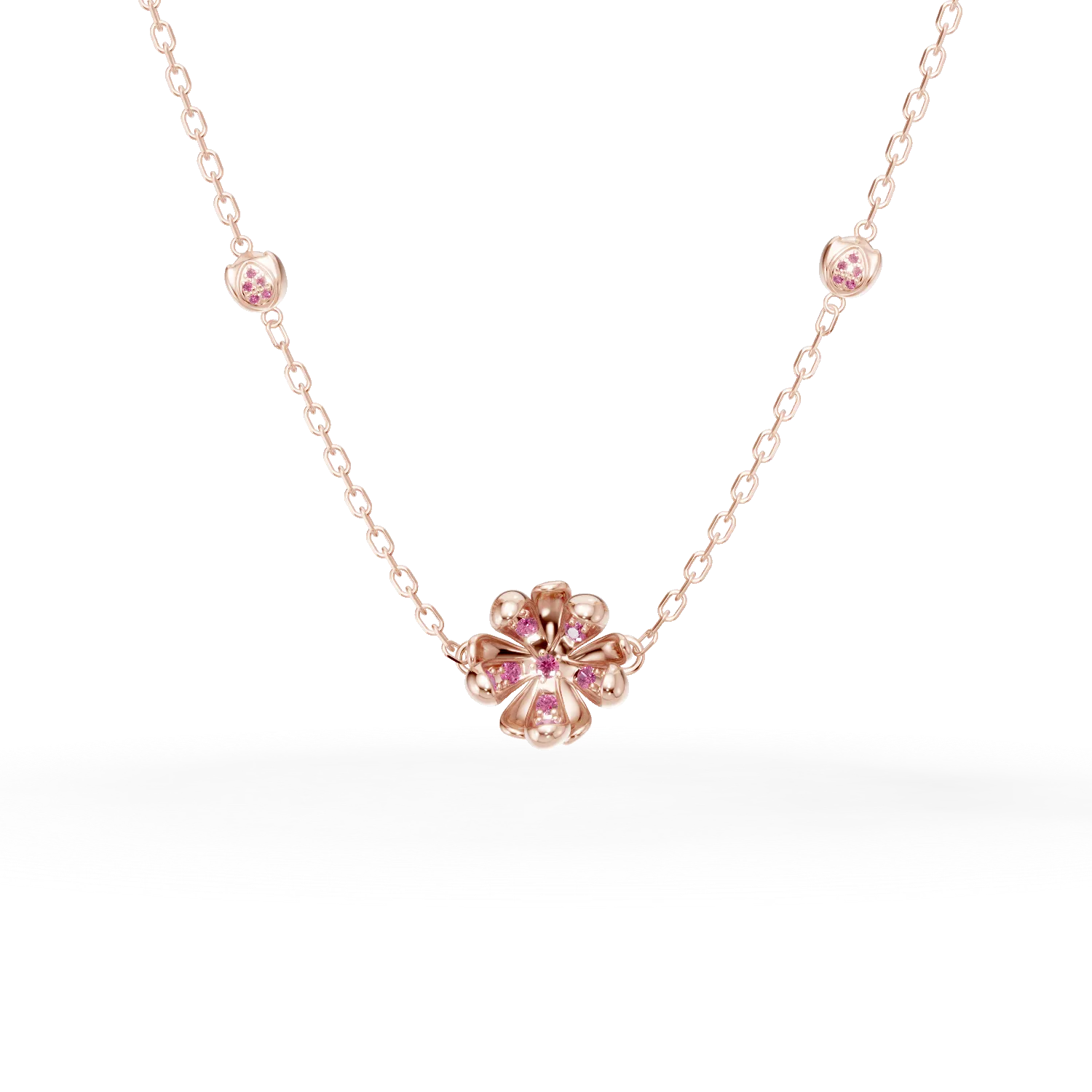 Lant cu pandantiv flori de tei din aur roz cu safire roz de 0.37ct