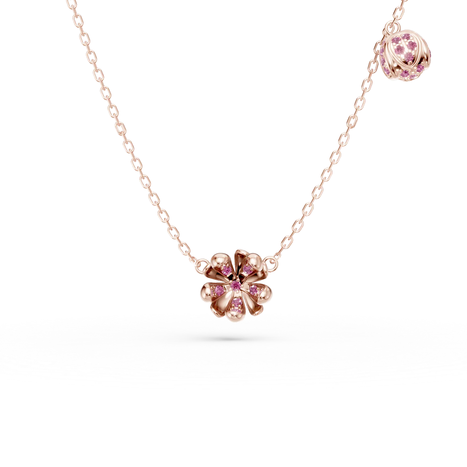 Lant cu pandantive flori de tei din aur roz cu safire roz de 0.24ct
