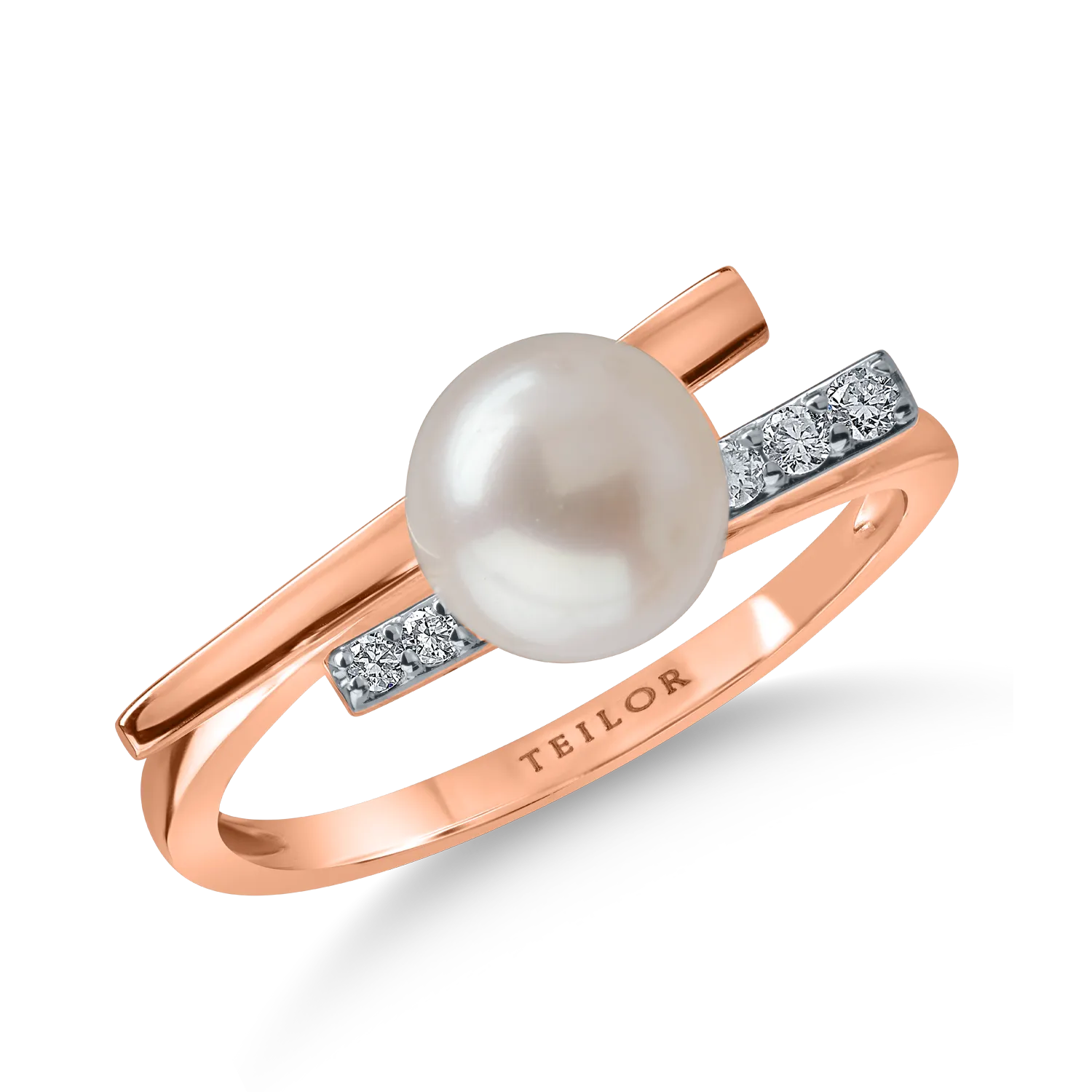 Inel din aur roz cu perla de cultura de 2.41ct si diamante de 0.06ct