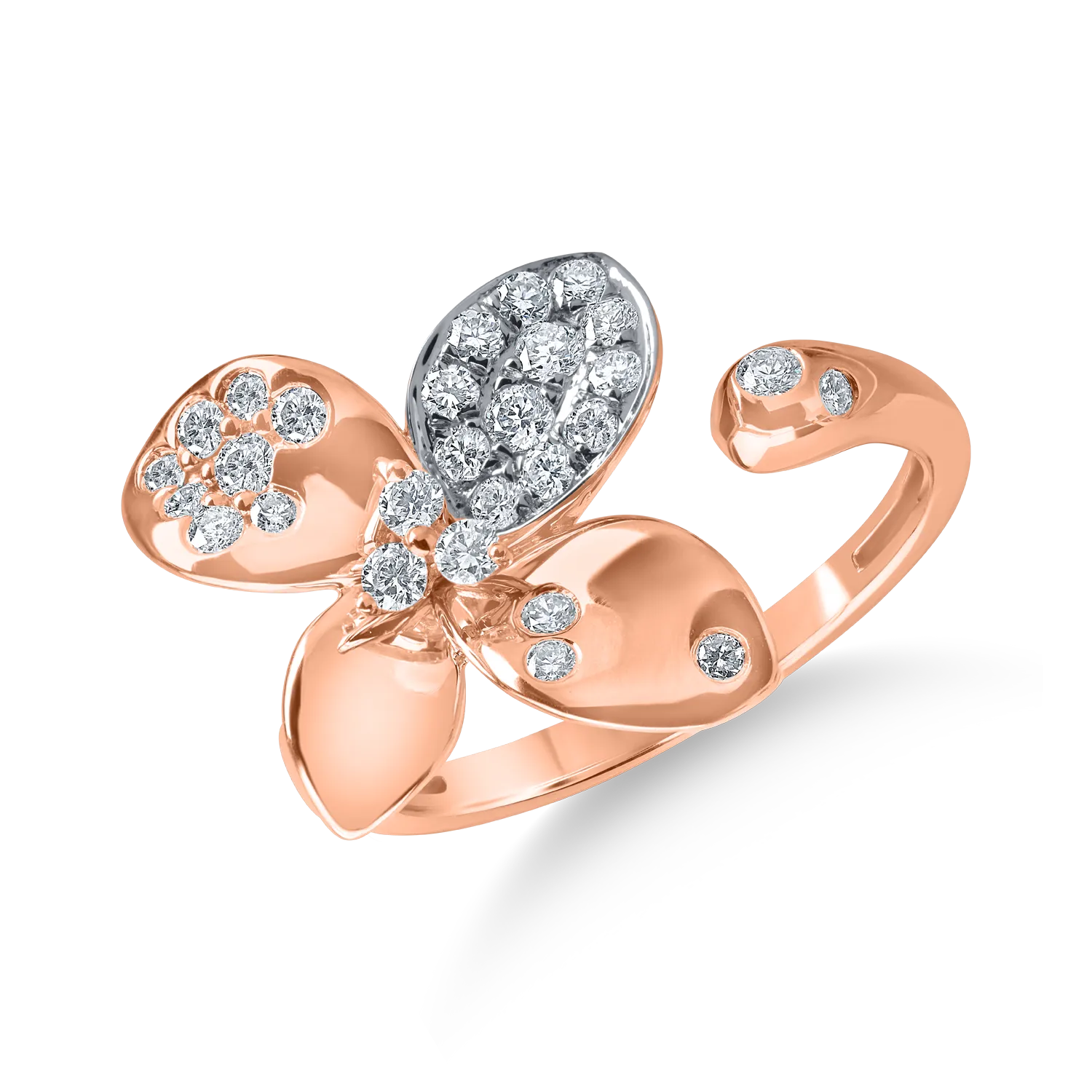 Inel floral deschis din aur roz cu diamante de 0.39ct