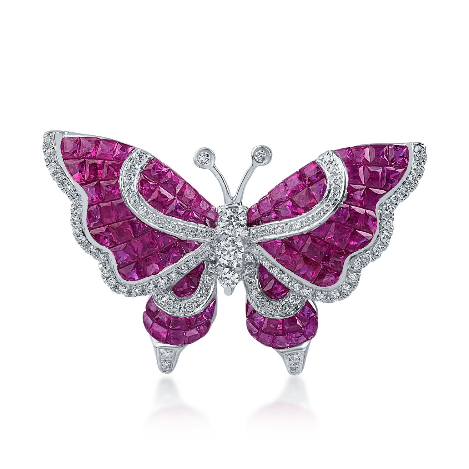 Brosa fluture din aur alb cu rubine de 3.35ct si diamante de 0.36ct