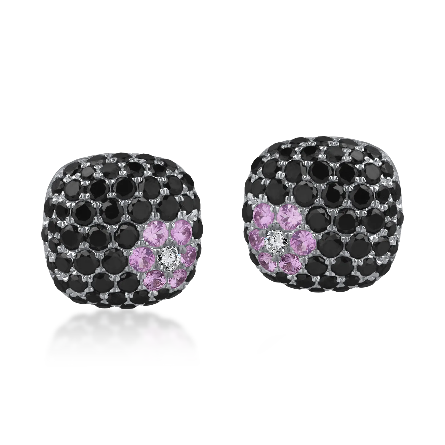 White gold earrings with 1.6ct black and clear diamonds and 0.2ct pink sapphires-198726
