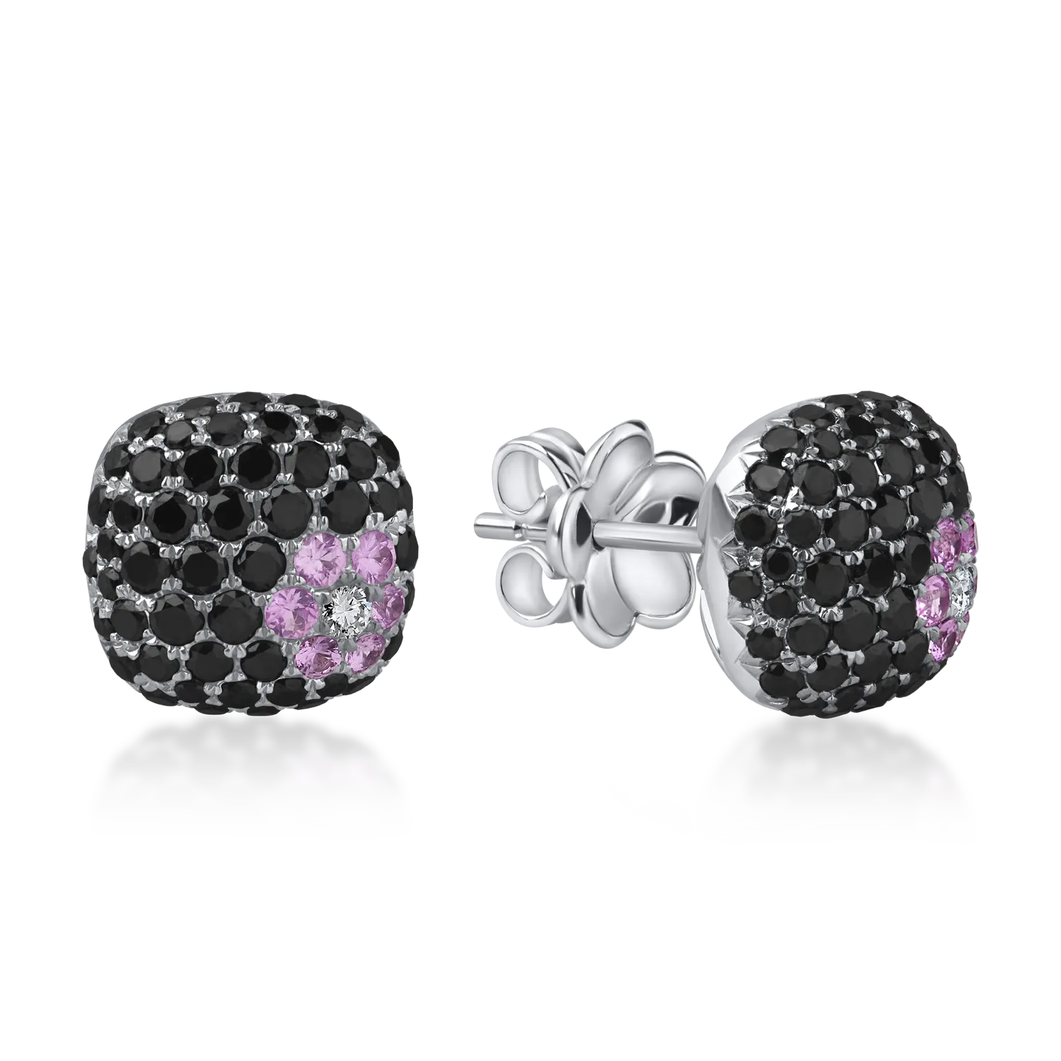 White gold earrings with 1.6ct black and clear diamonds and 0.2ct pink sapphires