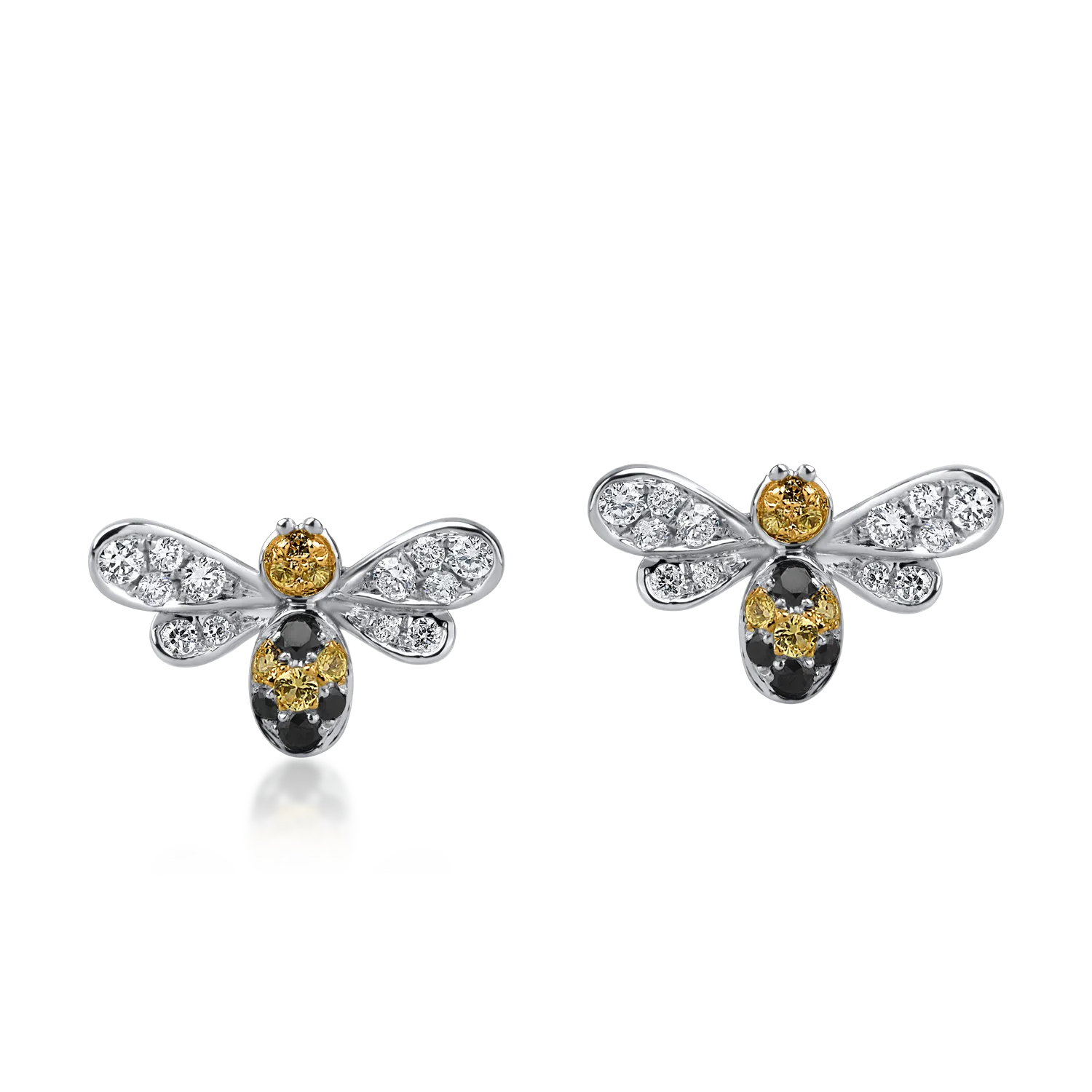 Cercei albine din aur alb cu diamante negre si incolore de 0.3ct si safire galbene de 0.1ct