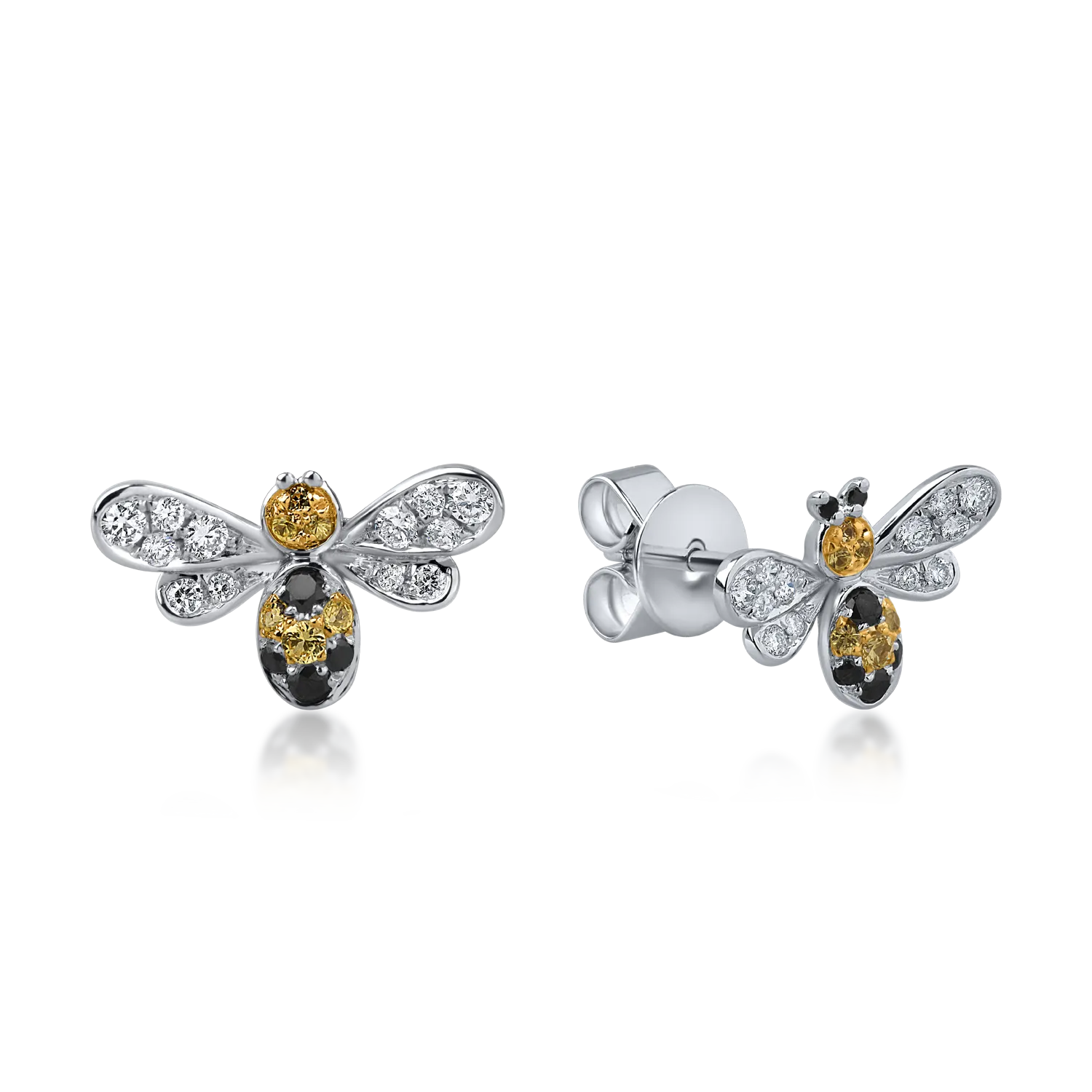 White gold bee earrings with 0.3ct black and clear diamonds and 0.1ct yellow sapphires