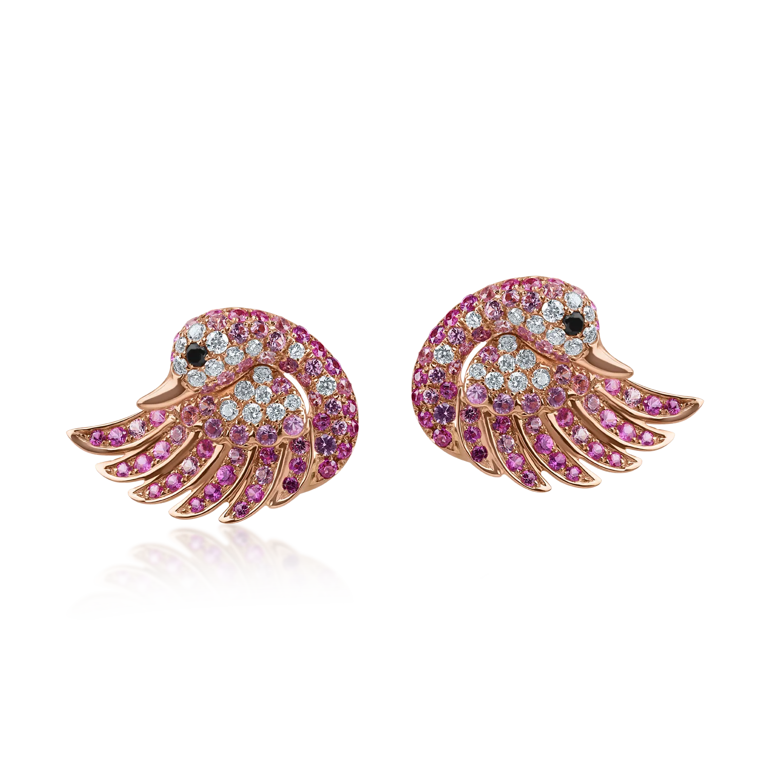 Rose gold swan earrings with 0.4ct black and clear diamonds and 1.5ct pink sapphires-198753