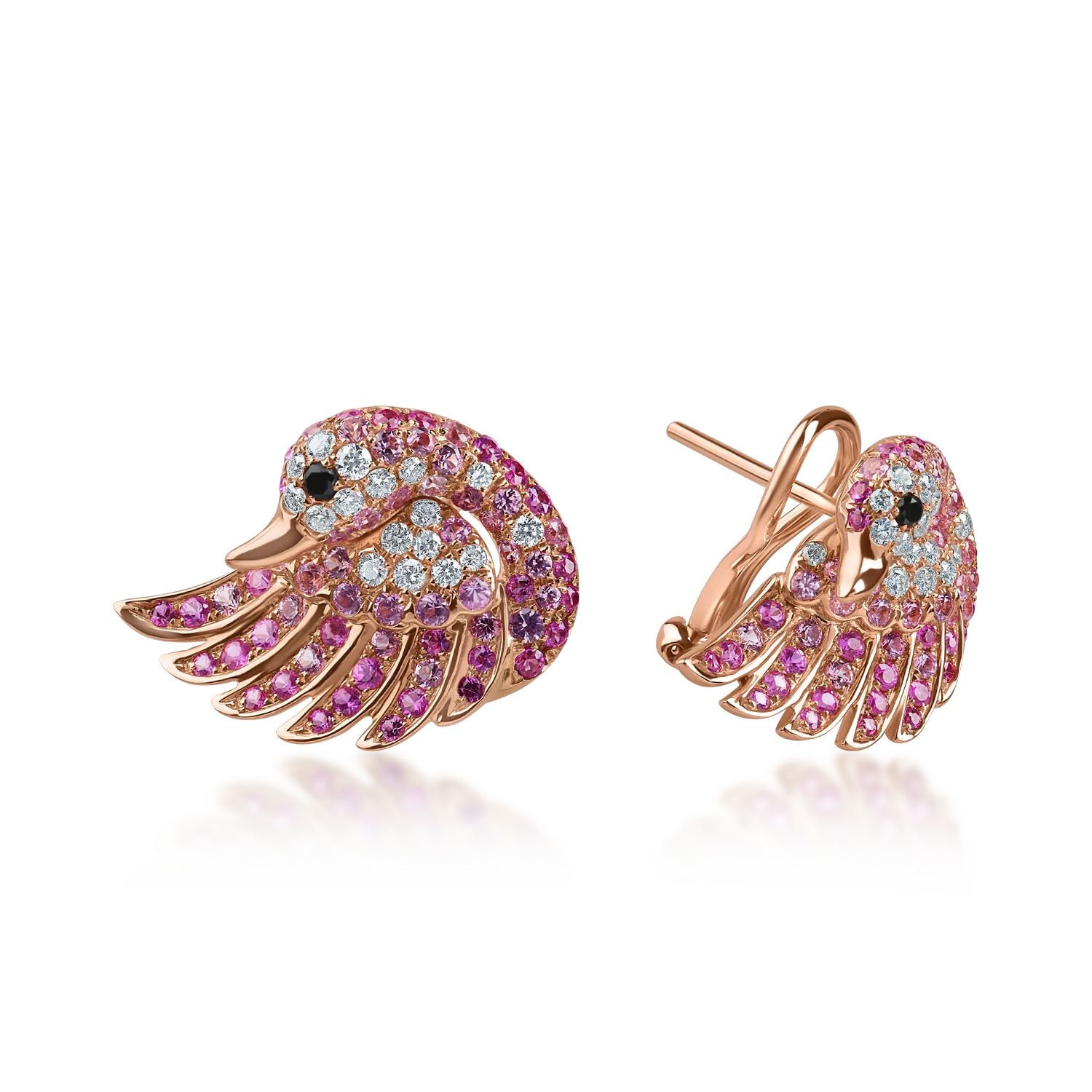 Rose gold swan earrings with 0.4ct black and clear diamonds and 1.5ct pink sapphires