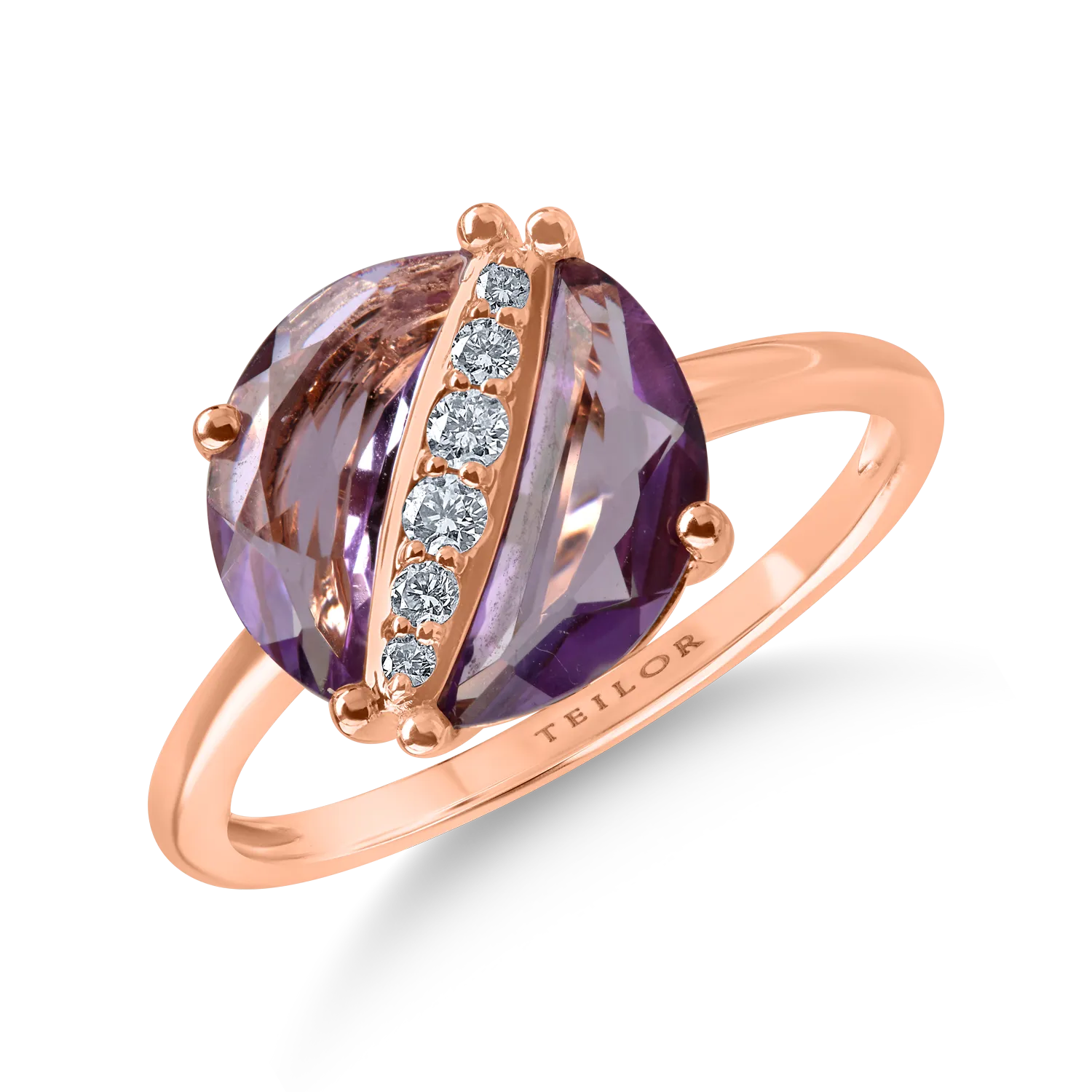 Inel rotund din aur roz cu ametiste de 1.4ct si diamante de 0.08ct
