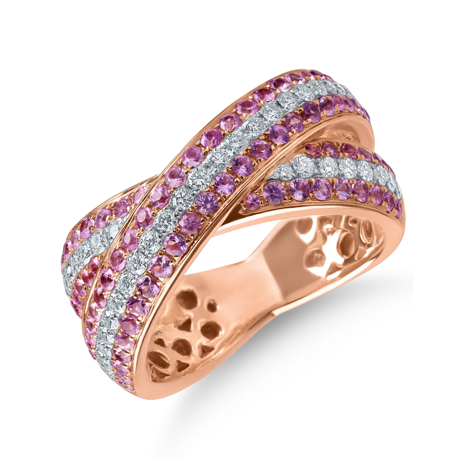 Inel din aur roz cu safire roz de 1ct si diamante de 0.4ct