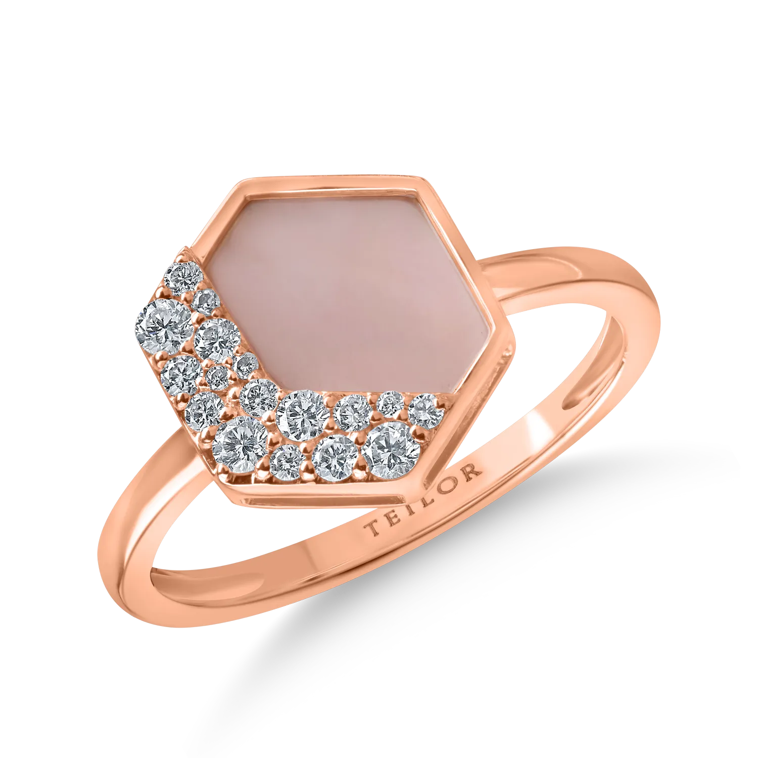 Inel geometric din aur roz cu sidef de 1.08ct si diamante de 0.18ct