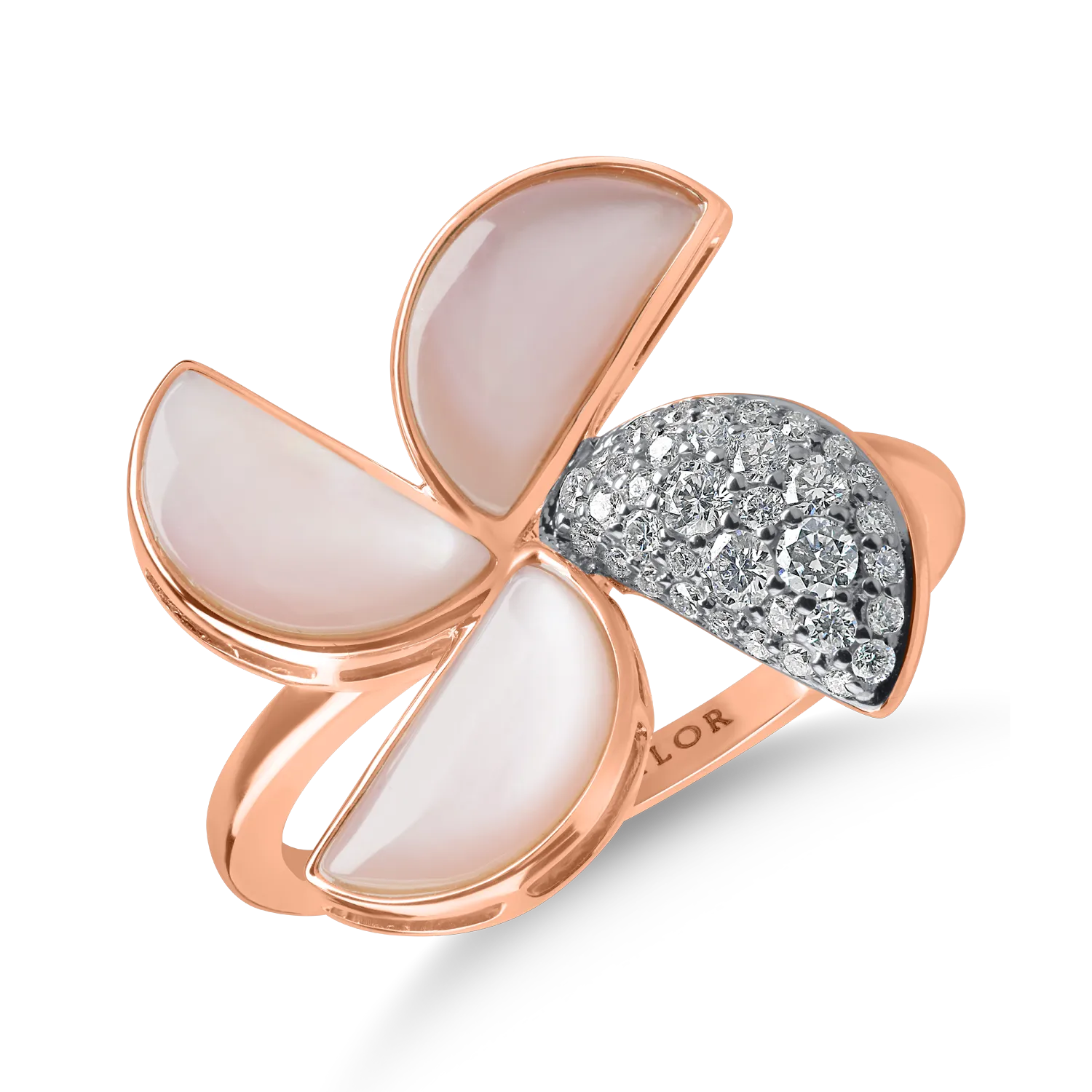 Inel floral din aur roz cu sidef de 2.31ct si diamante de 0.23ct