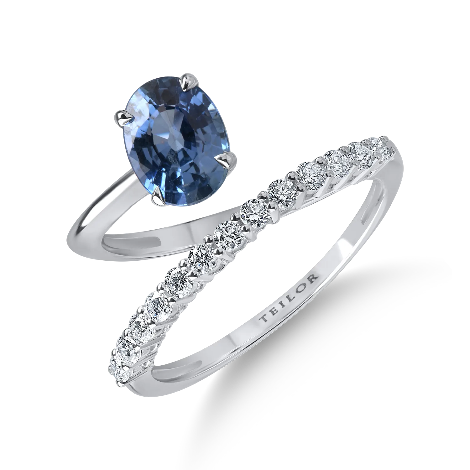 Inel deschis din aur alb cu safir albastru de 1.5ct si diamante de 0.31ct