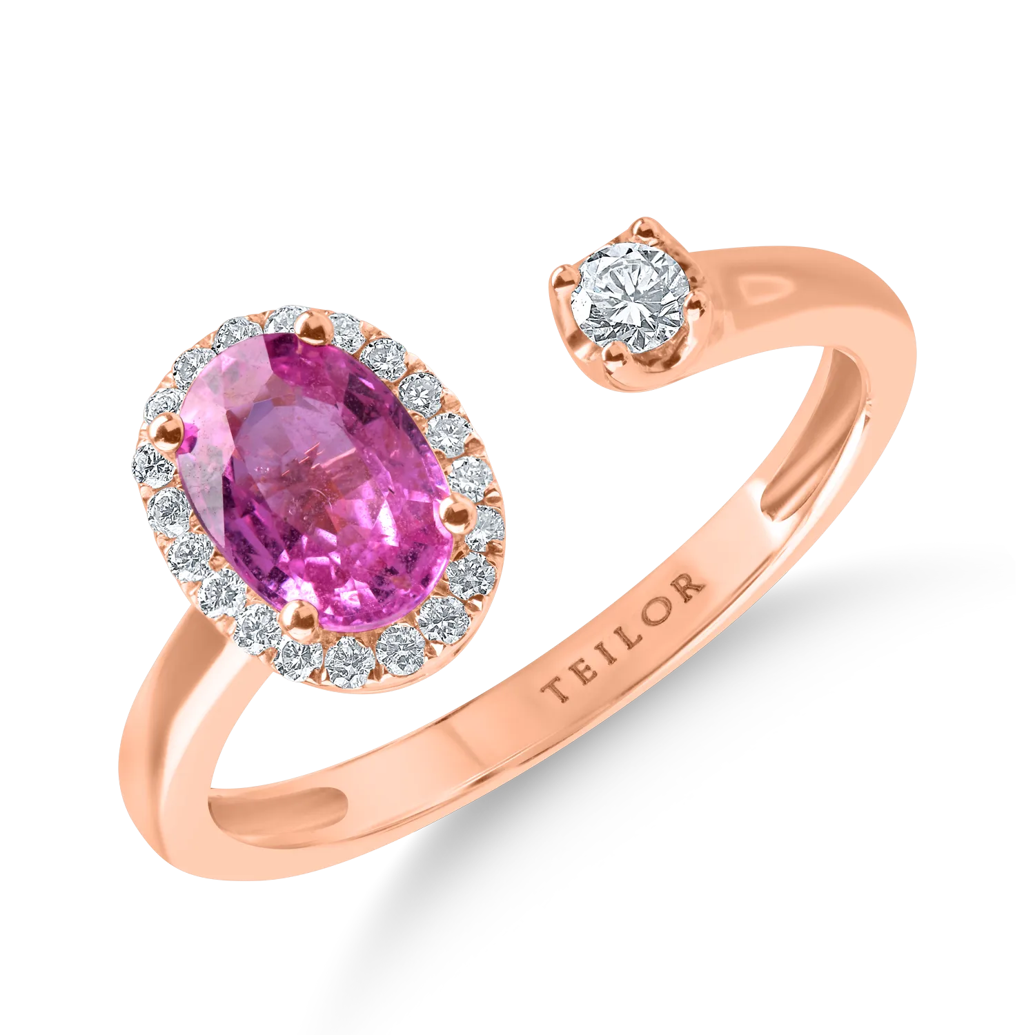 Inel deschis din aur roz cu safire roz de 0.97ct si diamante de 0.15ct