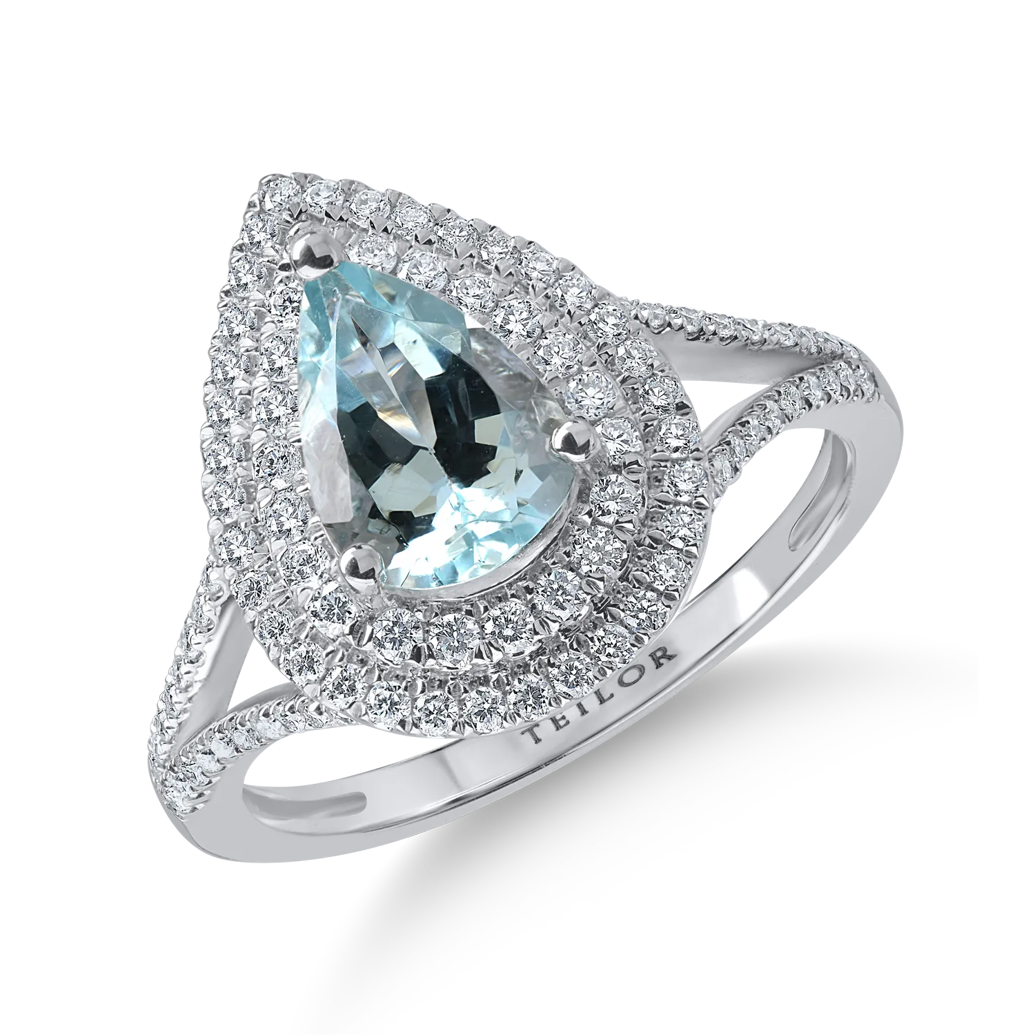 Inel din aur alb cu acvamarin taietura pear de 1.27ct si diamante de 0.429ct