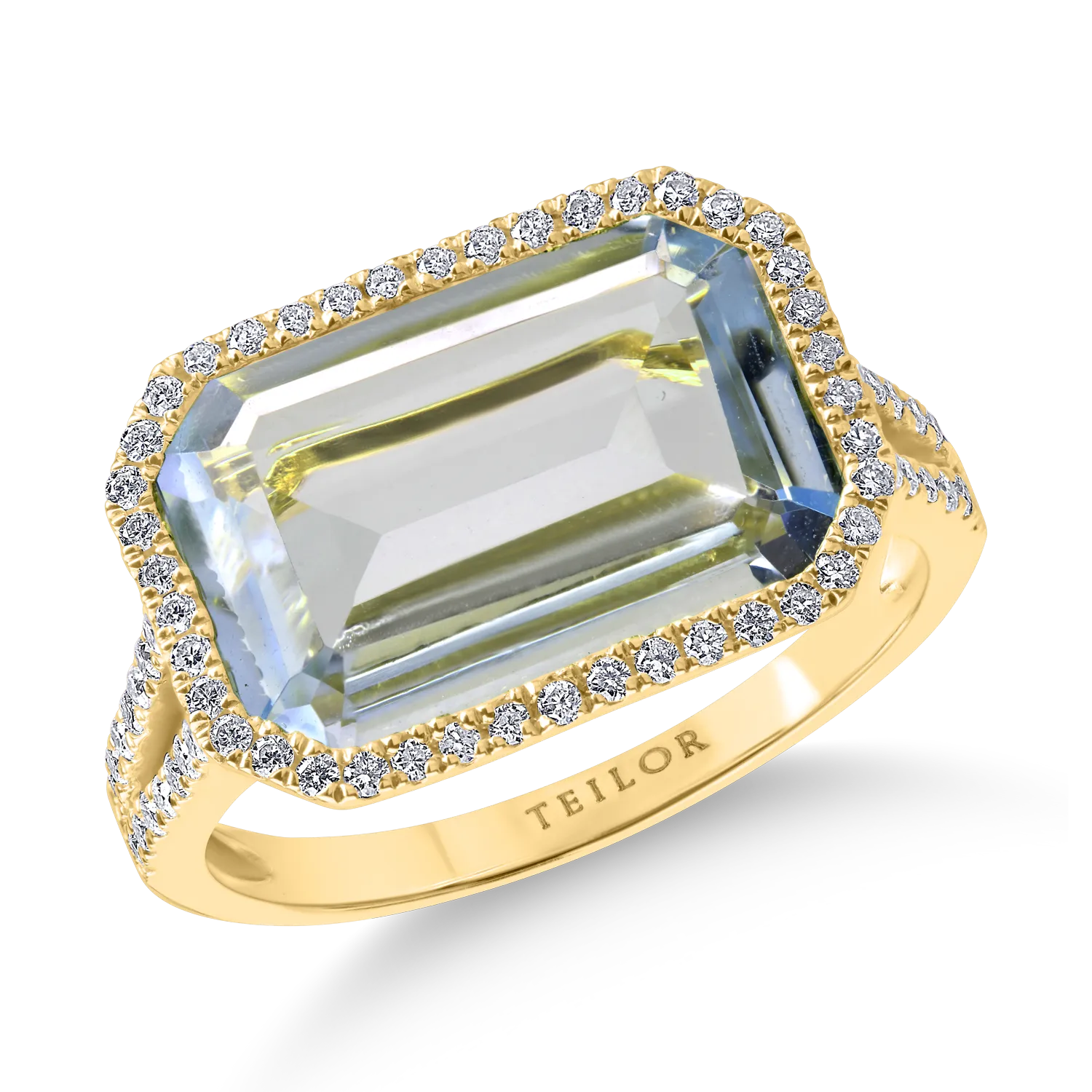 Inel din aur galben cu topaz albastru taietura emerald de 5.84ct si diamante de 0.33ct