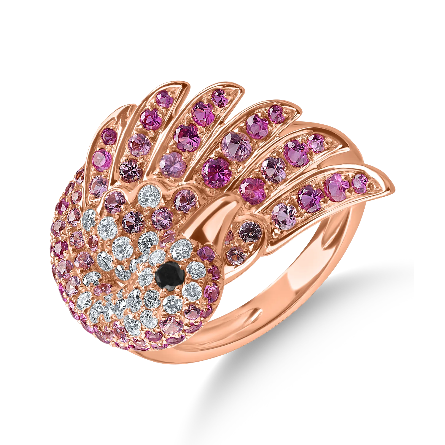 Rose gold swan ring with 0.3ct black and clear diamonds and 1.2ct pink sapphires-198831
