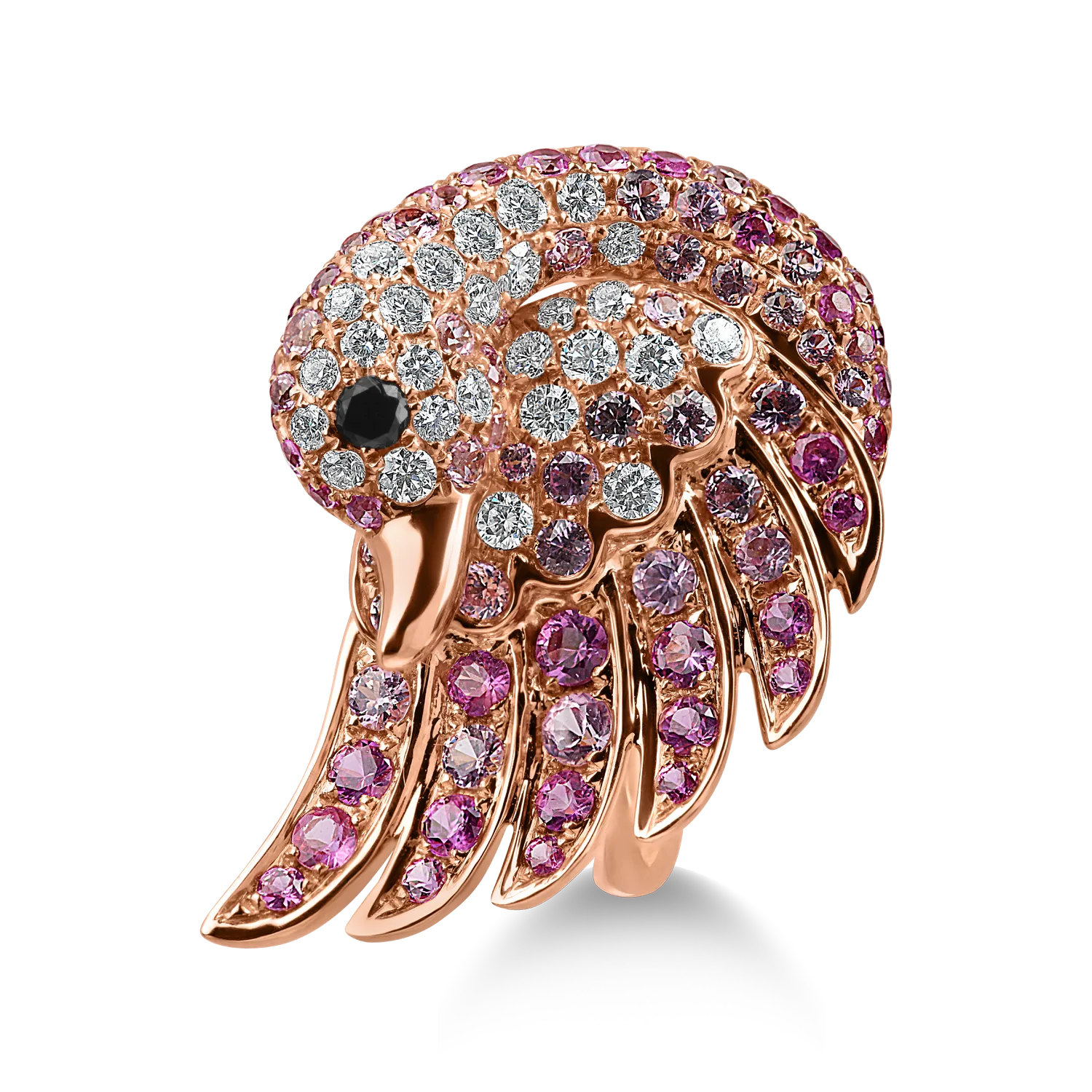 Rose gold swan ring with 0.3ct black and clear diamonds and 1.2ct pink sapphires