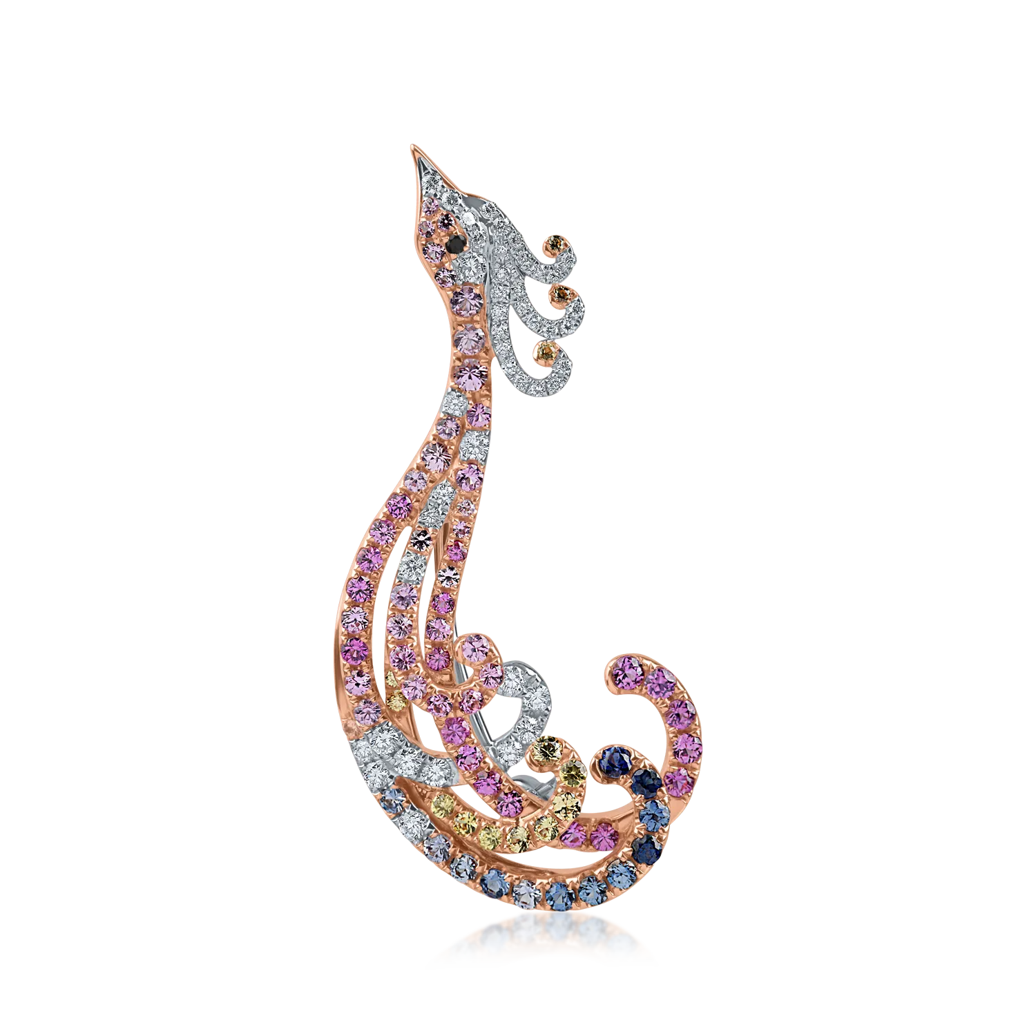 White-rose gold peacock brooch with 0.3ct diamonds and 0.5ct multicolor sapphires-198843