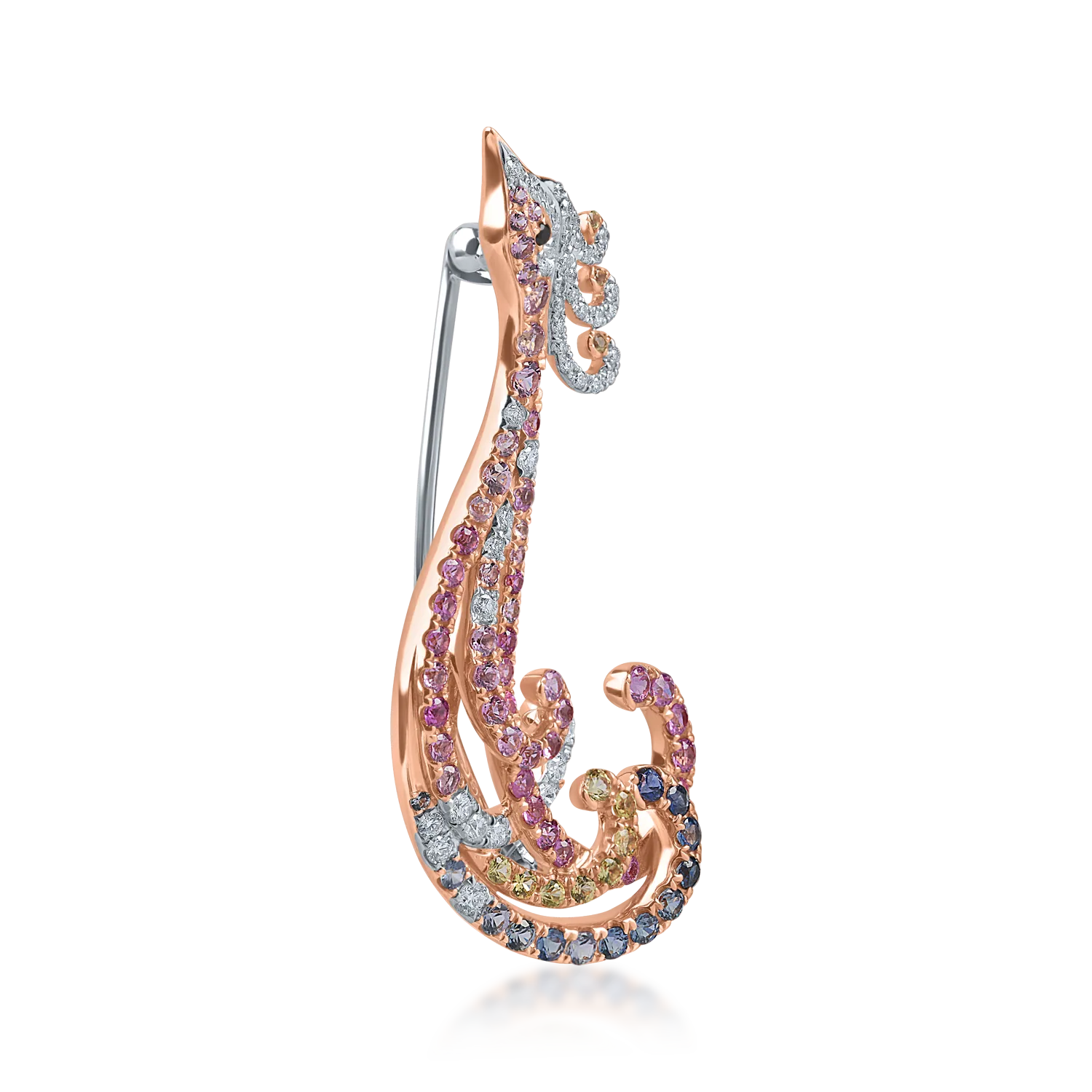 White-rose gold peacock brooch with 0.3ct diamonds and 0.5ct multicolor sapphires