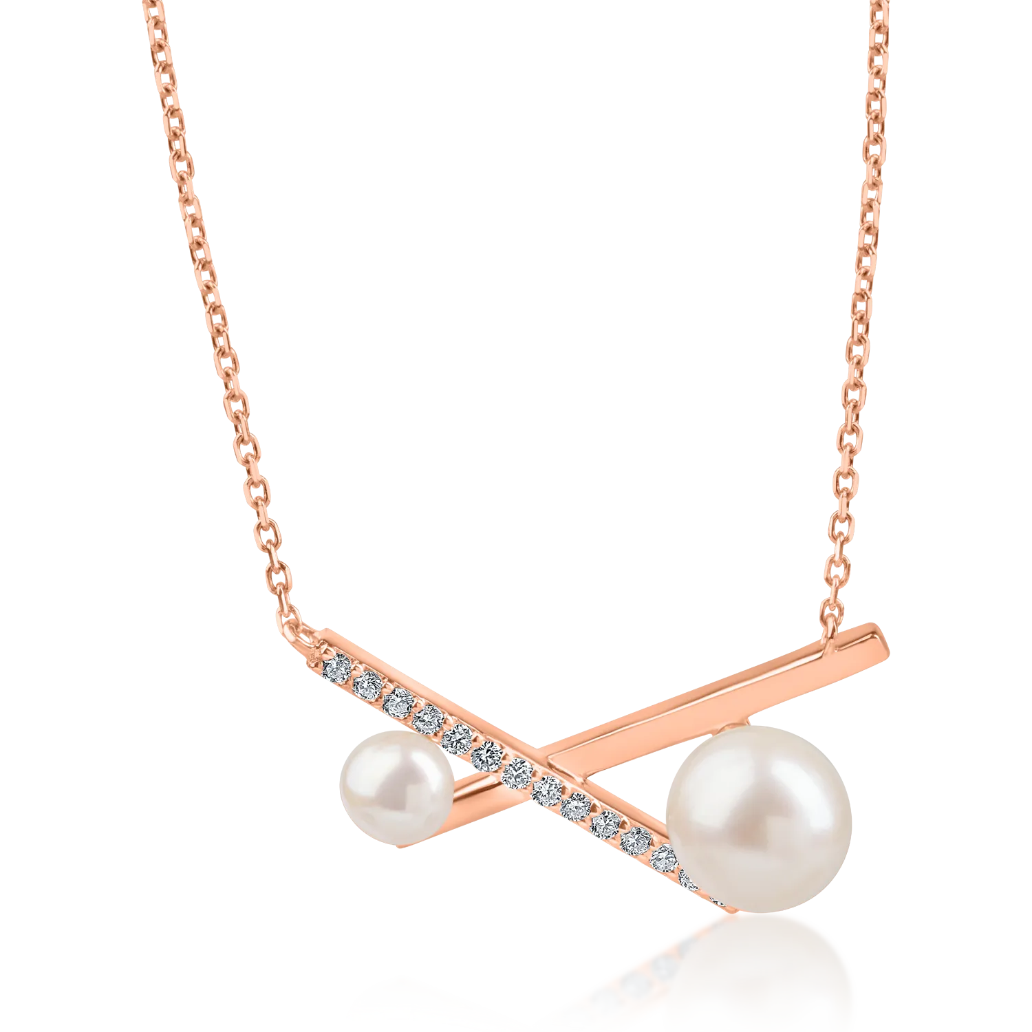 Lant cu pandantiv geometric din aur roz cu perle de 3.66ct si diamante de 0.135ct