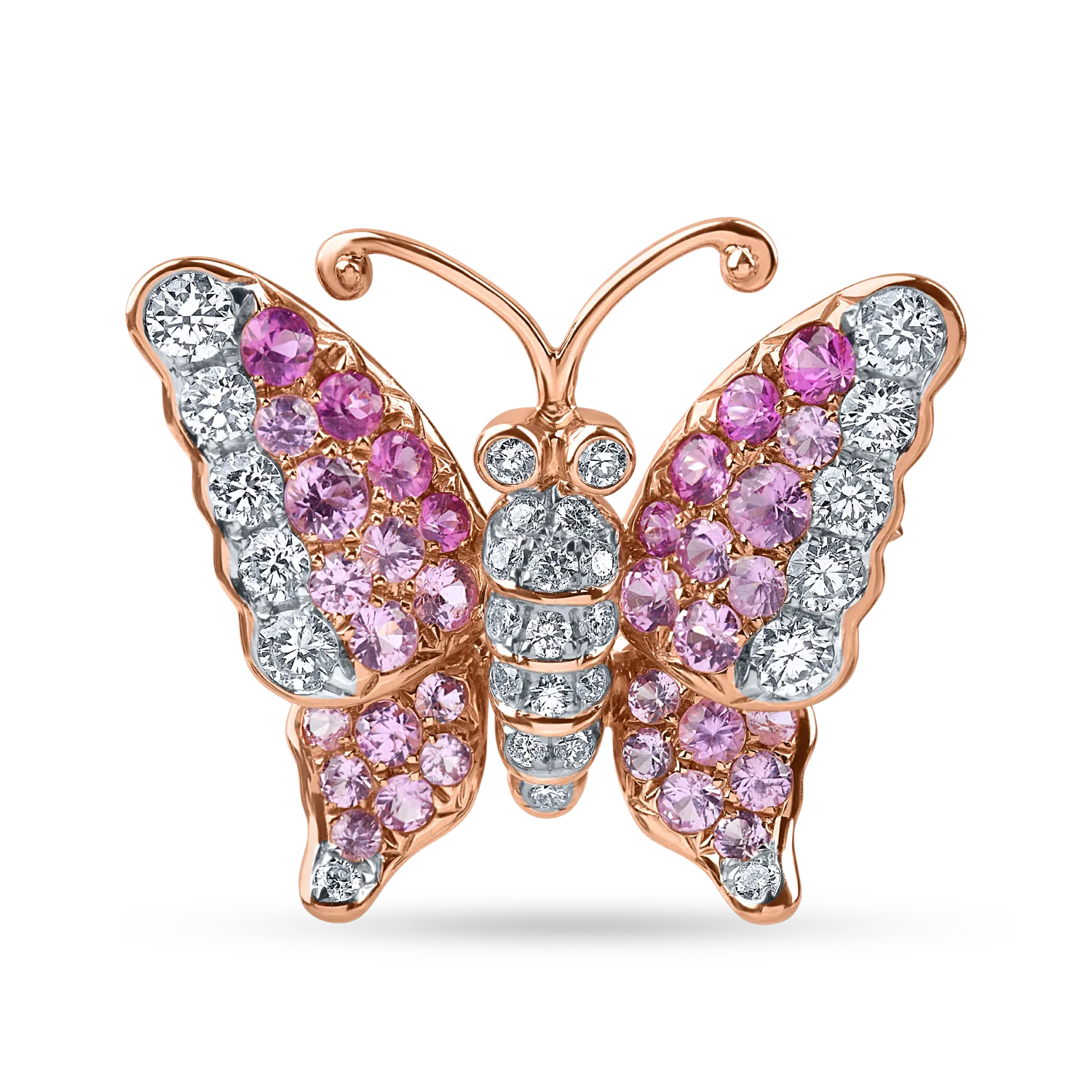Brosa fluture din aur alb-roz cu diamante de 0.4 si safire roz de 0.8ct