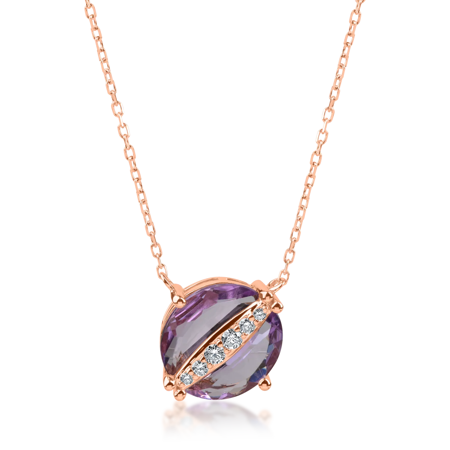 Lant cu pandantiv rotund din aur roz cu ametist de 1.41ct si diamante de 0.08ct