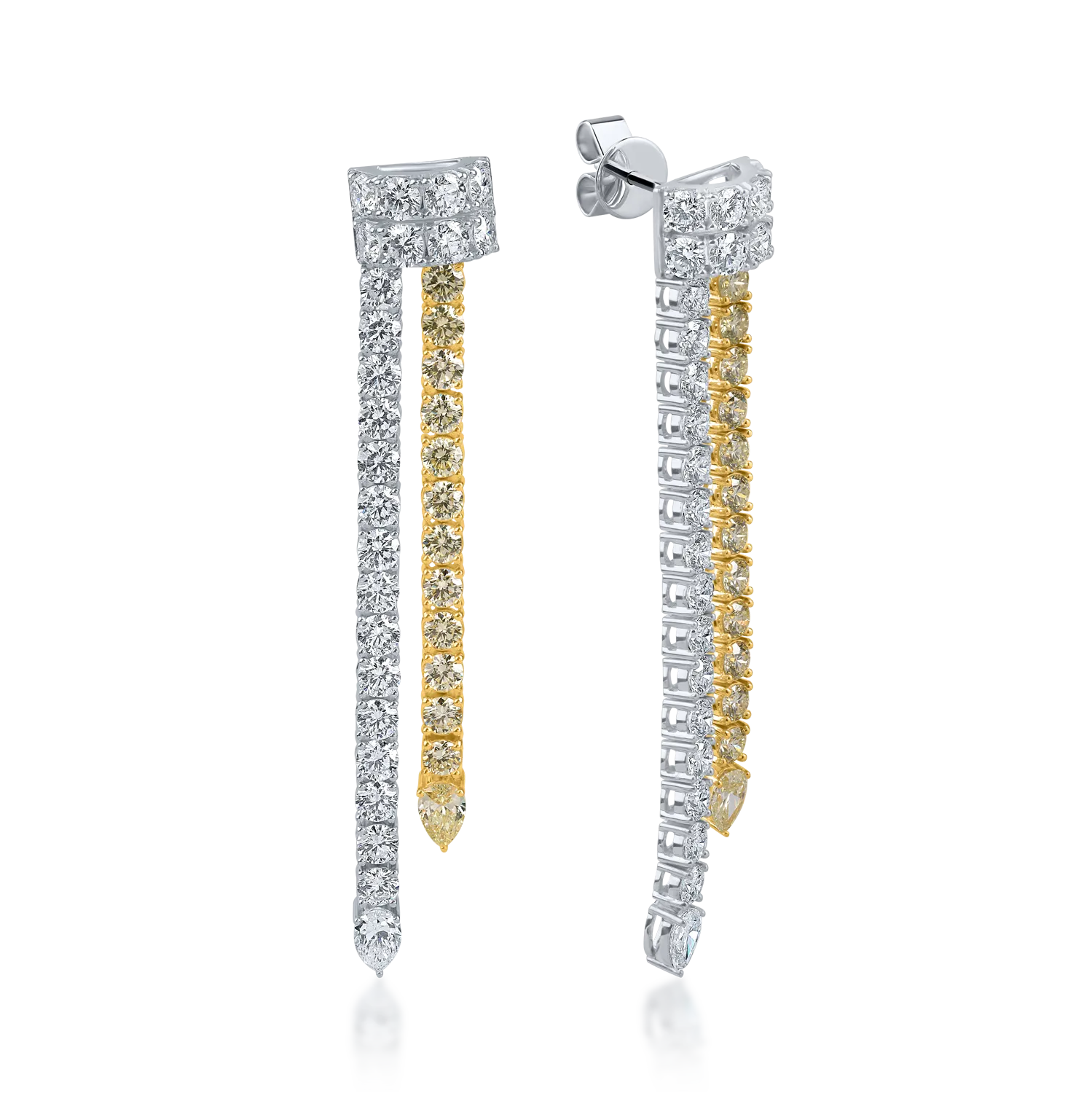 Cercei din aur alb-galben cu diamante galbene si incolore pear si rotunde de 8.23ct