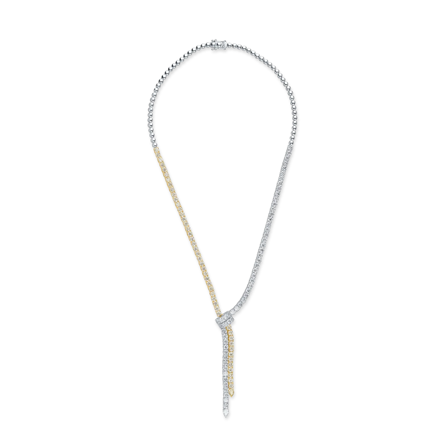 White-yellow gold necklace with 0.25ct fancy yellow pear diamond and 10.7ct yellow and clear pear and round diamonds-198915