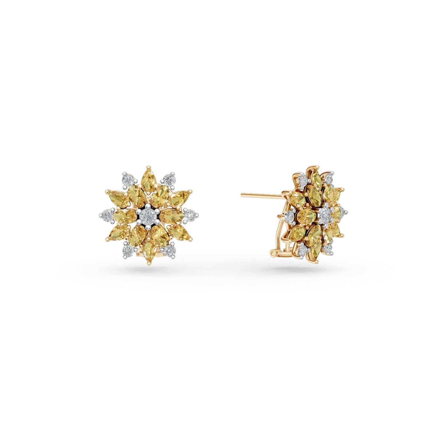 Yellow gold floral earrings with 5.19ct yellow and clear diamonds