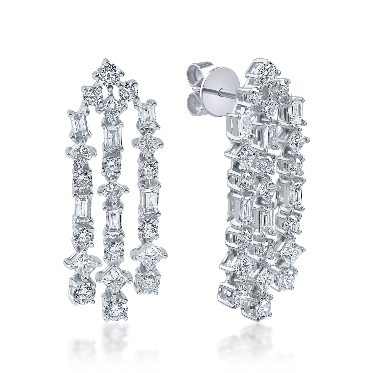 Cercei din aur alb cu diamante princess, baguette si rotunde de 2.18ct