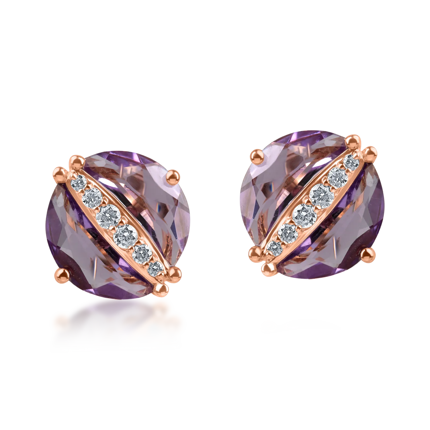 Cercei rotunzi din aur roz cu ametiste de 3.21ct si diamante de 0.18ct