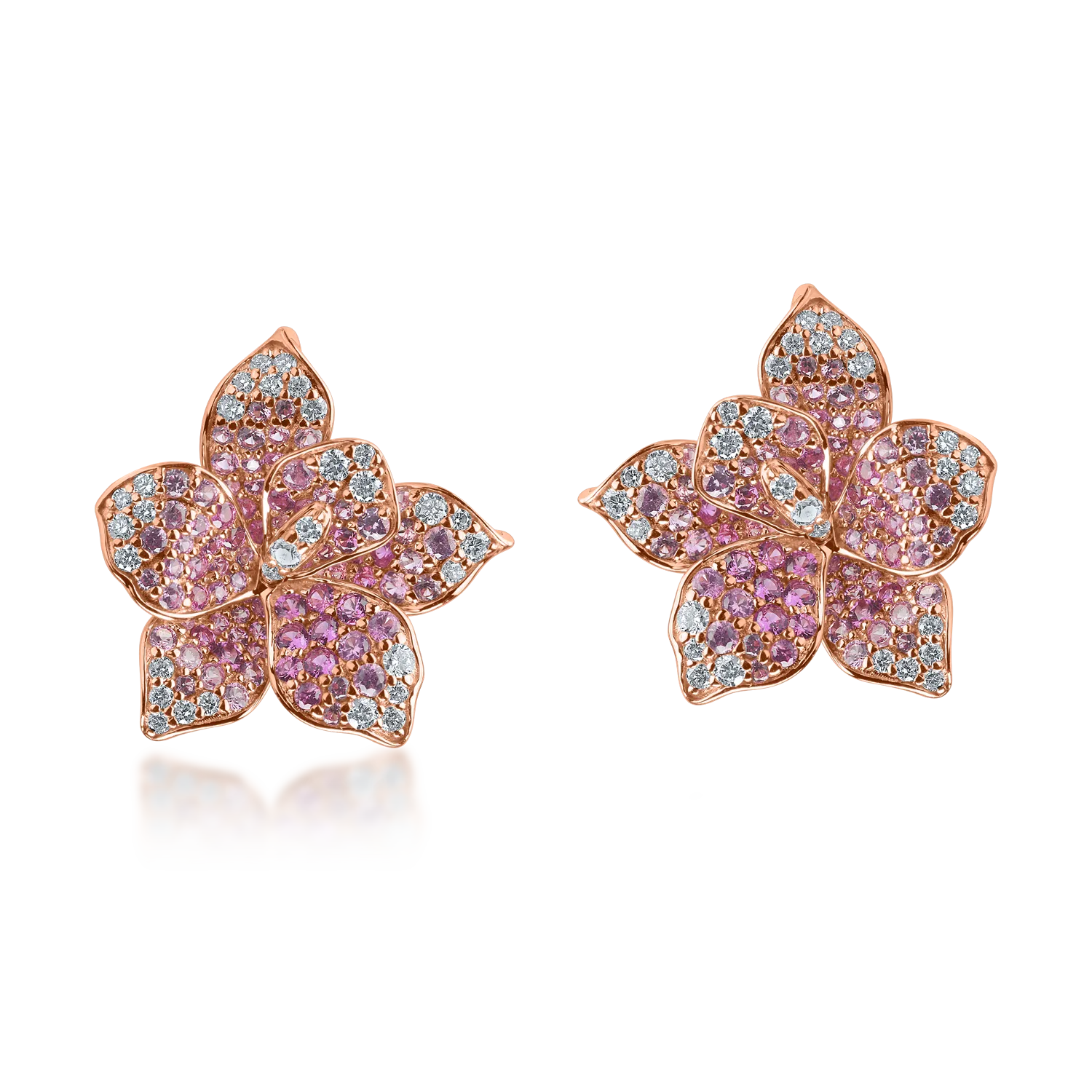Cercei florali din aur roz cu safire roz de 1.33ct si diamante de 0.33ct
