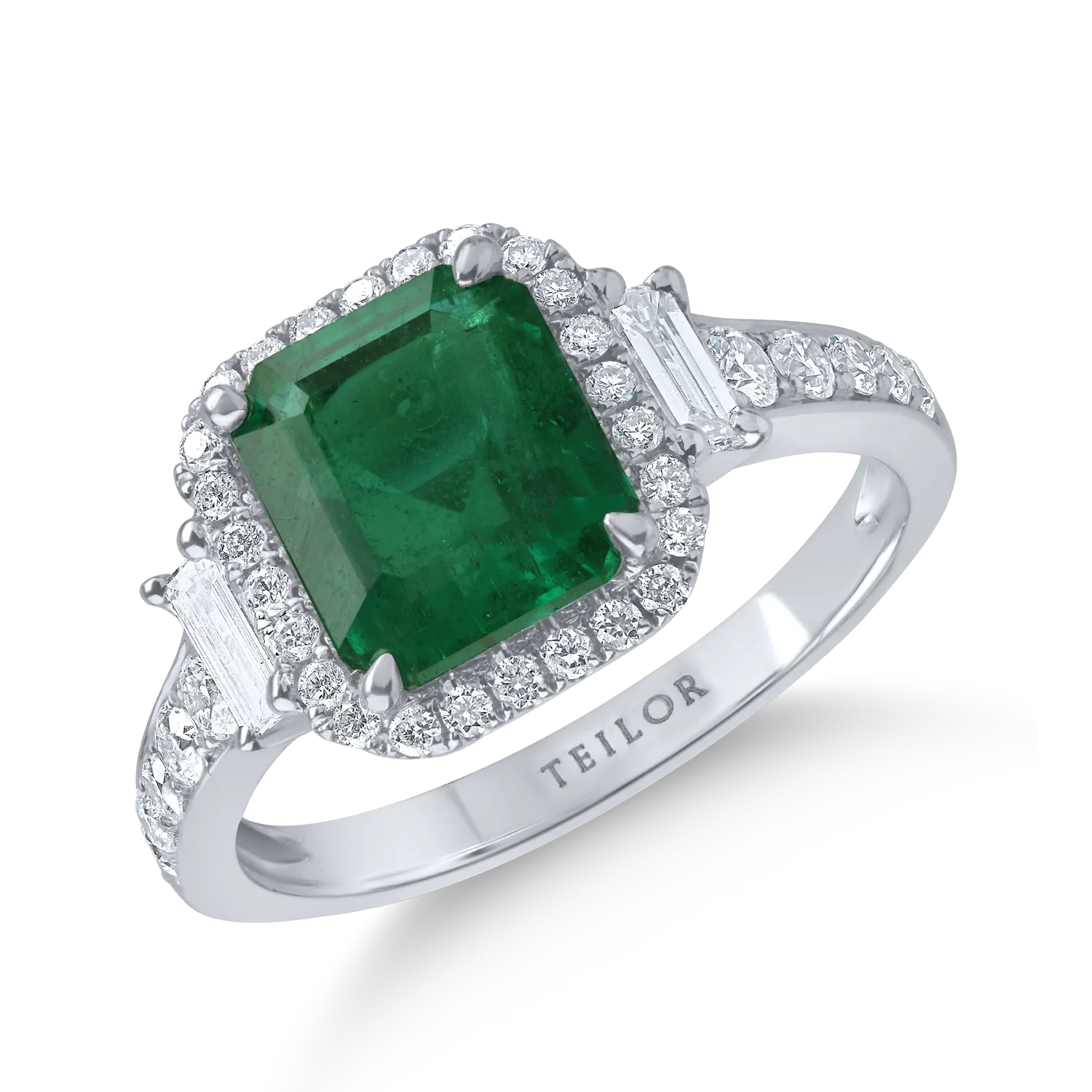 White gold ring with 0.91ct baguette and round diamonds and 2.32ct emerald