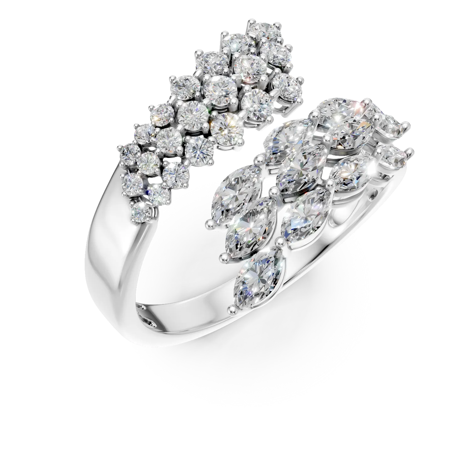 Inel deschis din aur alb cu diamante marquise si rotunde de 3.02ct