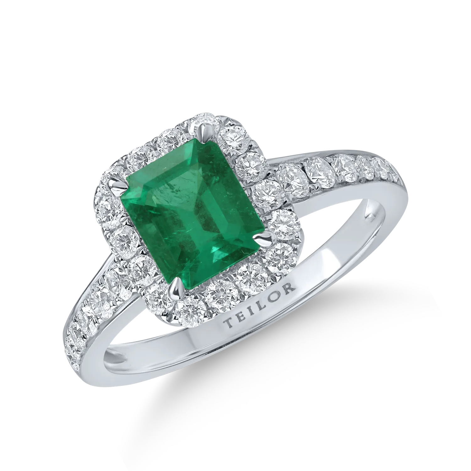 Inel din aur alb cu smarald emerald de 0.14ct si diamante de 0.66ct