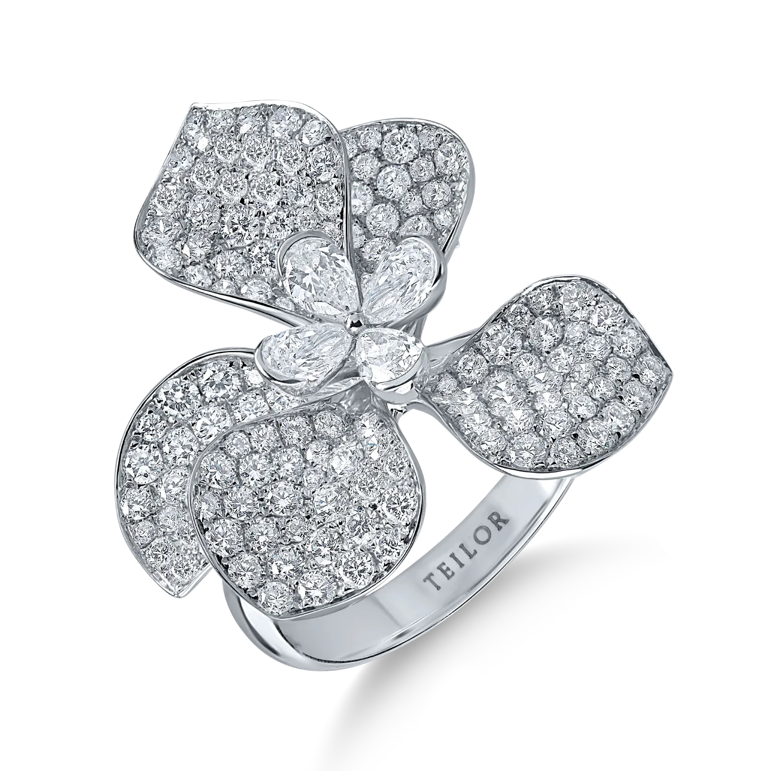 Inel floral din aur alb cu diamante pear si rotunde de 2.72ct