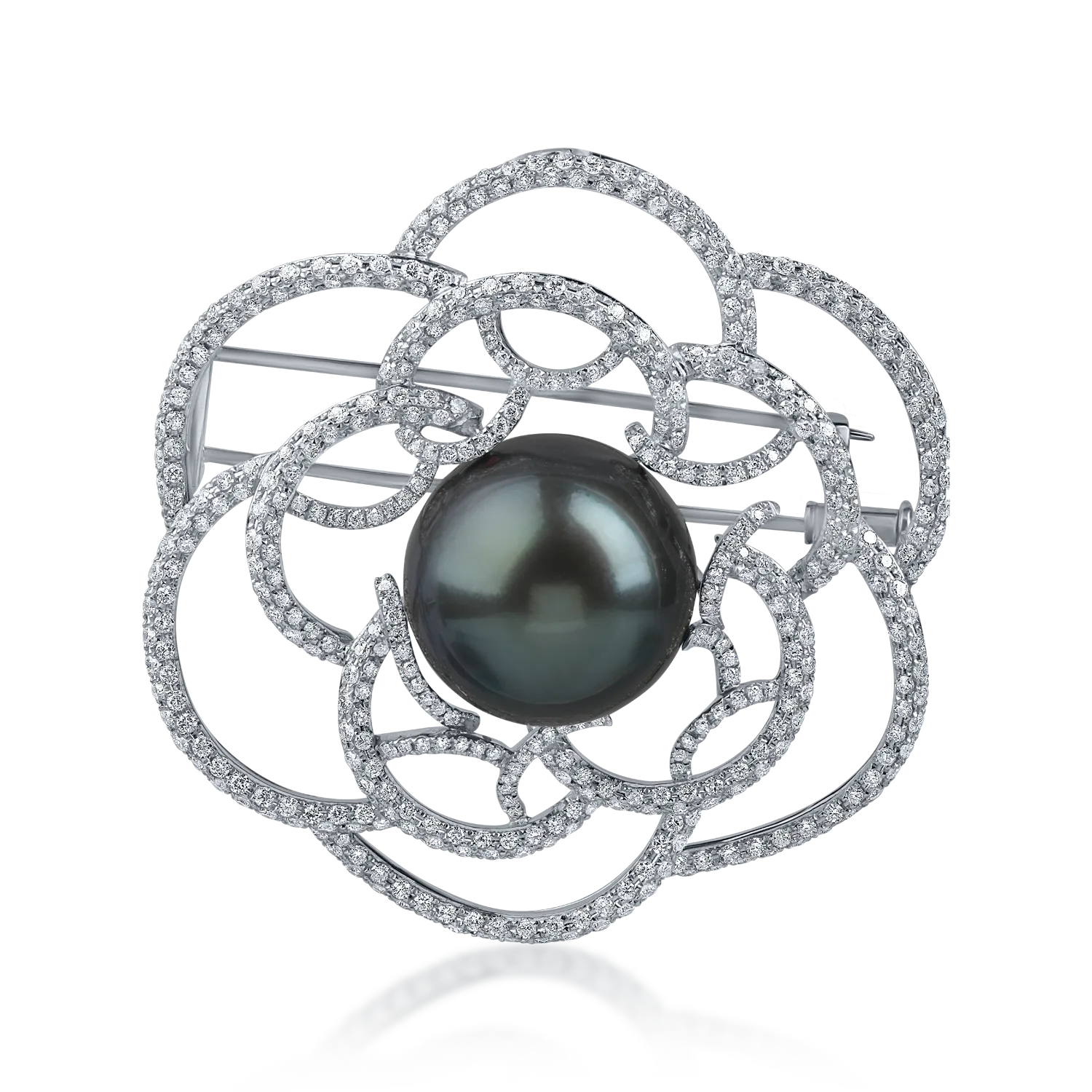 Brosa floare din aur alb cu perla de cultura si diamante de 2.97ct