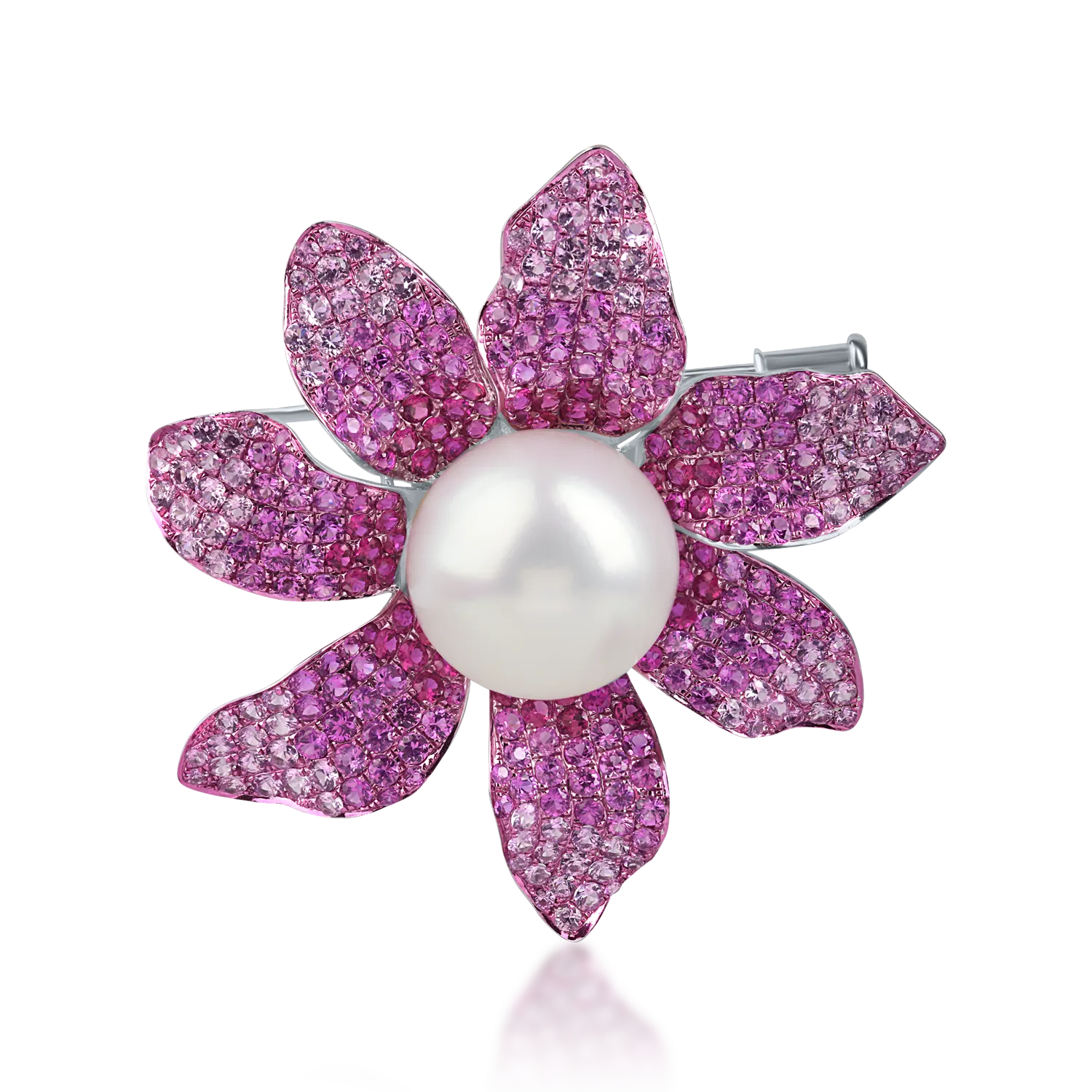 Brosa floare din aur alb cu perla de cultura, rubine de 5.1ct si safire roz de 2.29ct