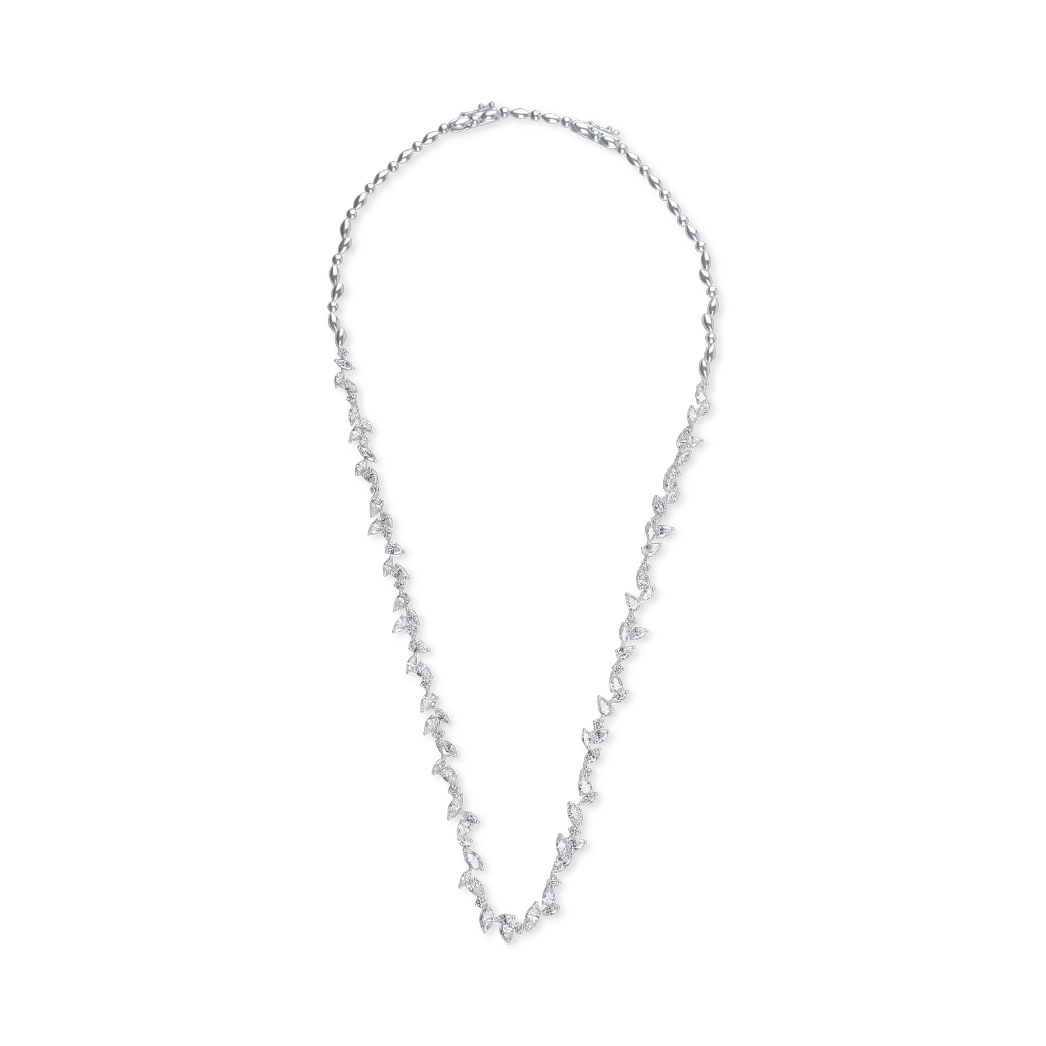 Colier tennis din aur alb cu diamante pear, marquise si rotunde de 9.1ct