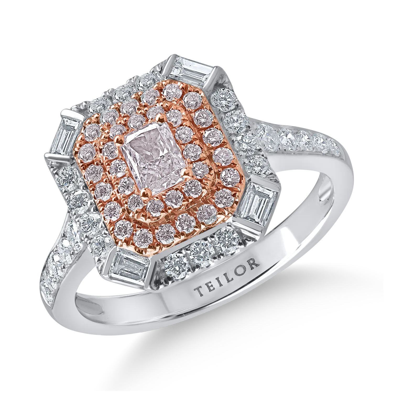 Inel din aur alb-roz cu diamante roz rectangulare si rotunde de 0.48ct si diamante baguette si rotunde de 0.59ct