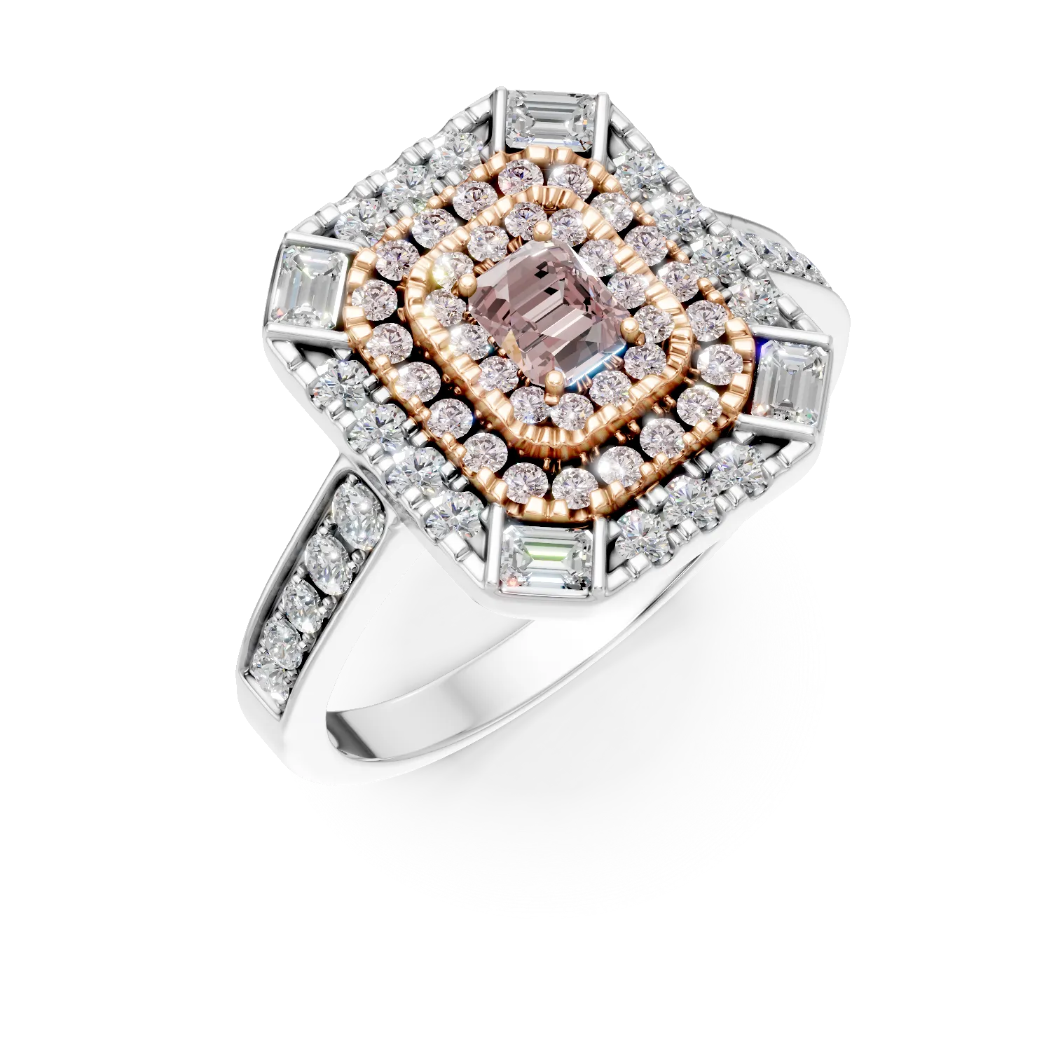 Pierscionek z bialo-rozowego zlota z prostokatnymi i okraglymi rozowymi diamentami 0.48ct oraz baguette i okraglymi diamentami 0.59ct-200181