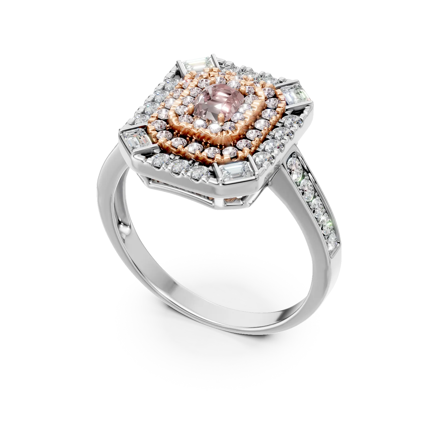 Pierscionek z bialo-rozowego zlota z prostokatnymi i okraglymi rozowymi diamentami 0.48ct oraz baguette i okraglymi diamentami 0.59ct