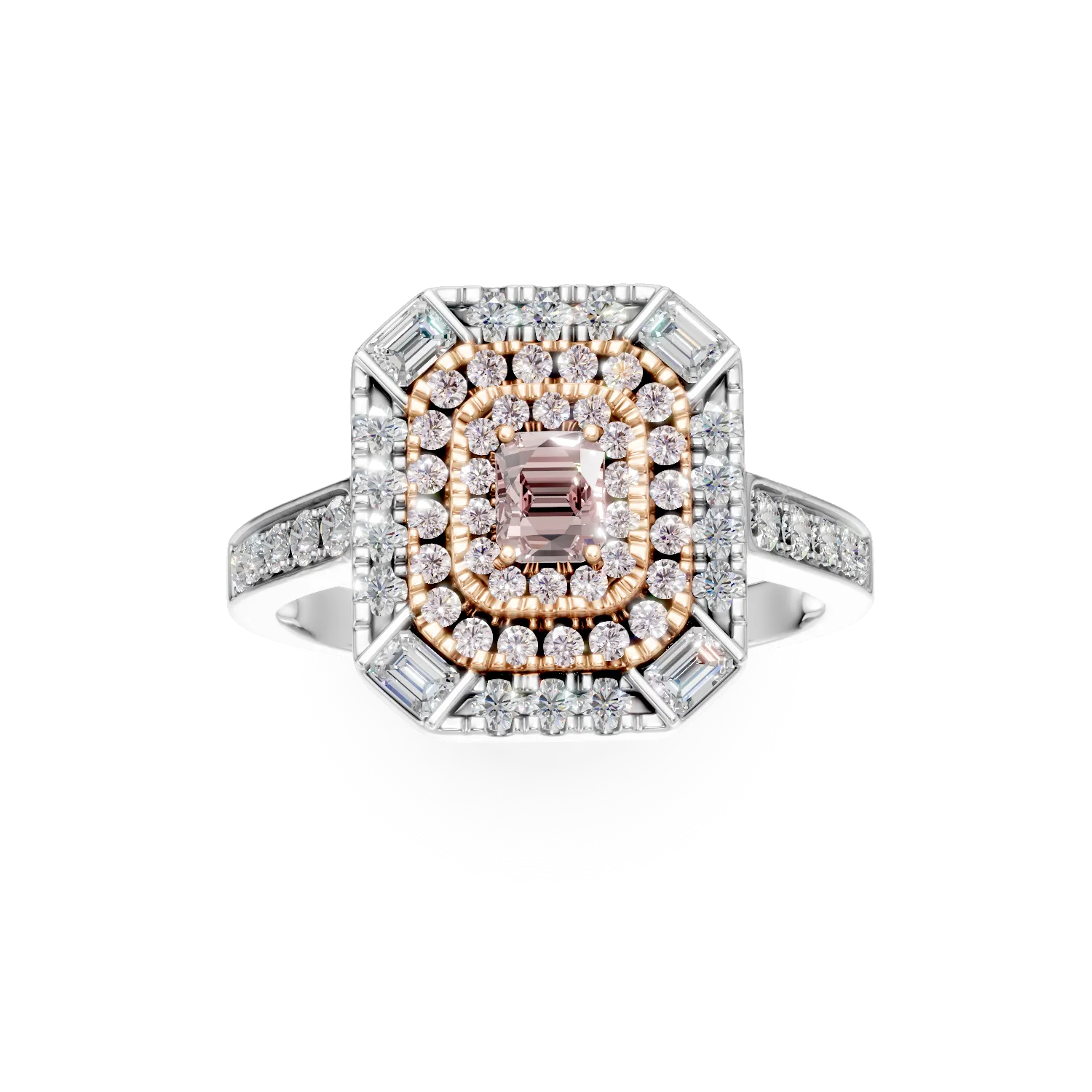 Pierscionek z bialo-rozowego zlota z prostokatnymi i okraglymi rozowymi diamentami 0.48ct oraz baguette i okraglymi diamentami 0.59ct