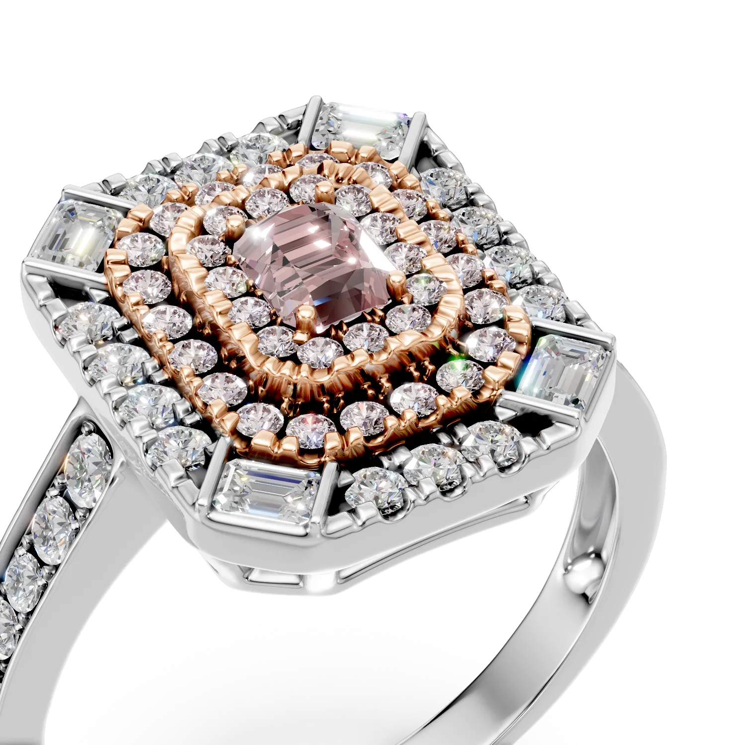 Pierscionek z bialo-rozowego zlota z prostokatnymi i okraglymi rozowymi diamentami 0.48ct oraz baguette i okraglymi diamentami 0.59ct