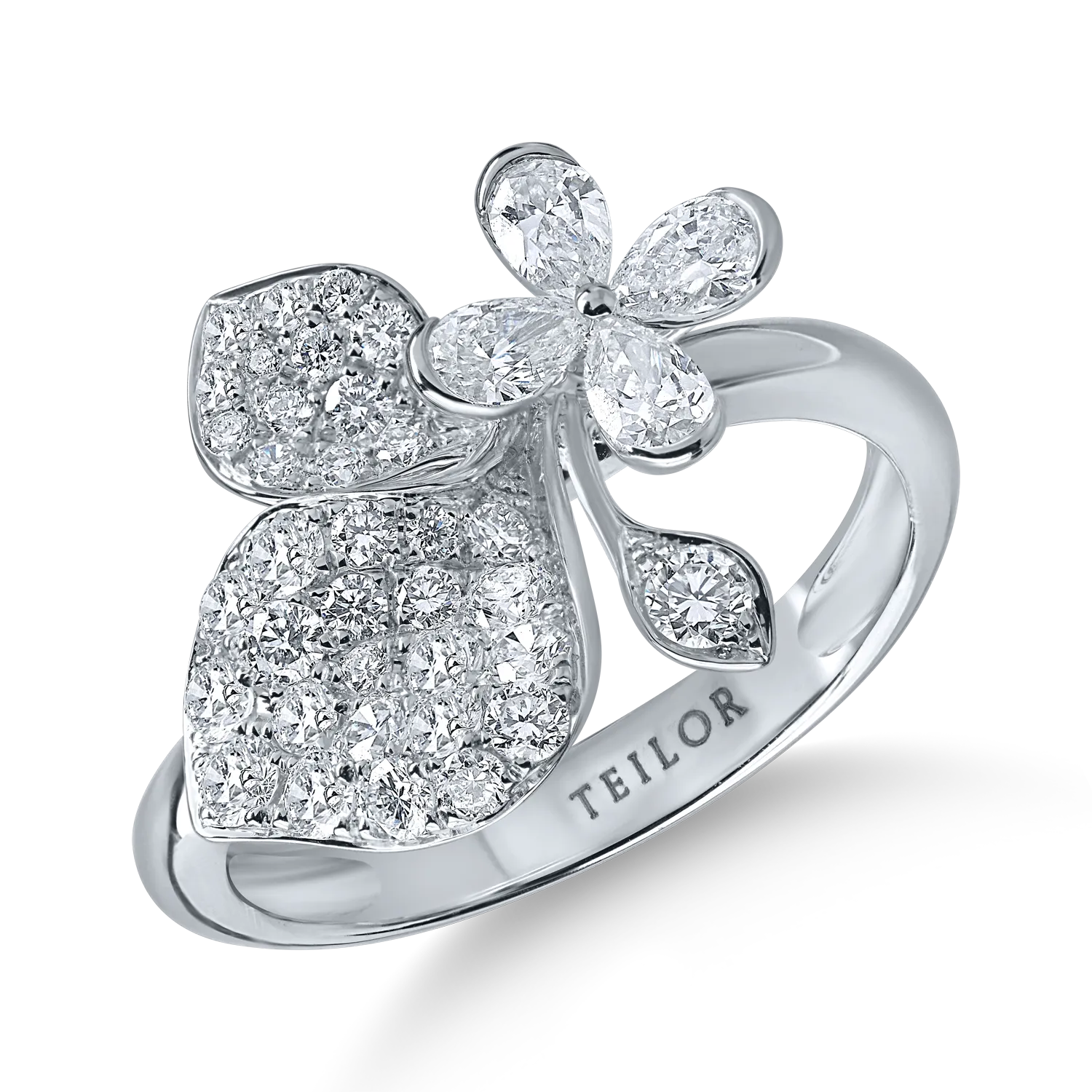 Inel floral din aur alb cu diamante pear si rotunde de 0.96ct