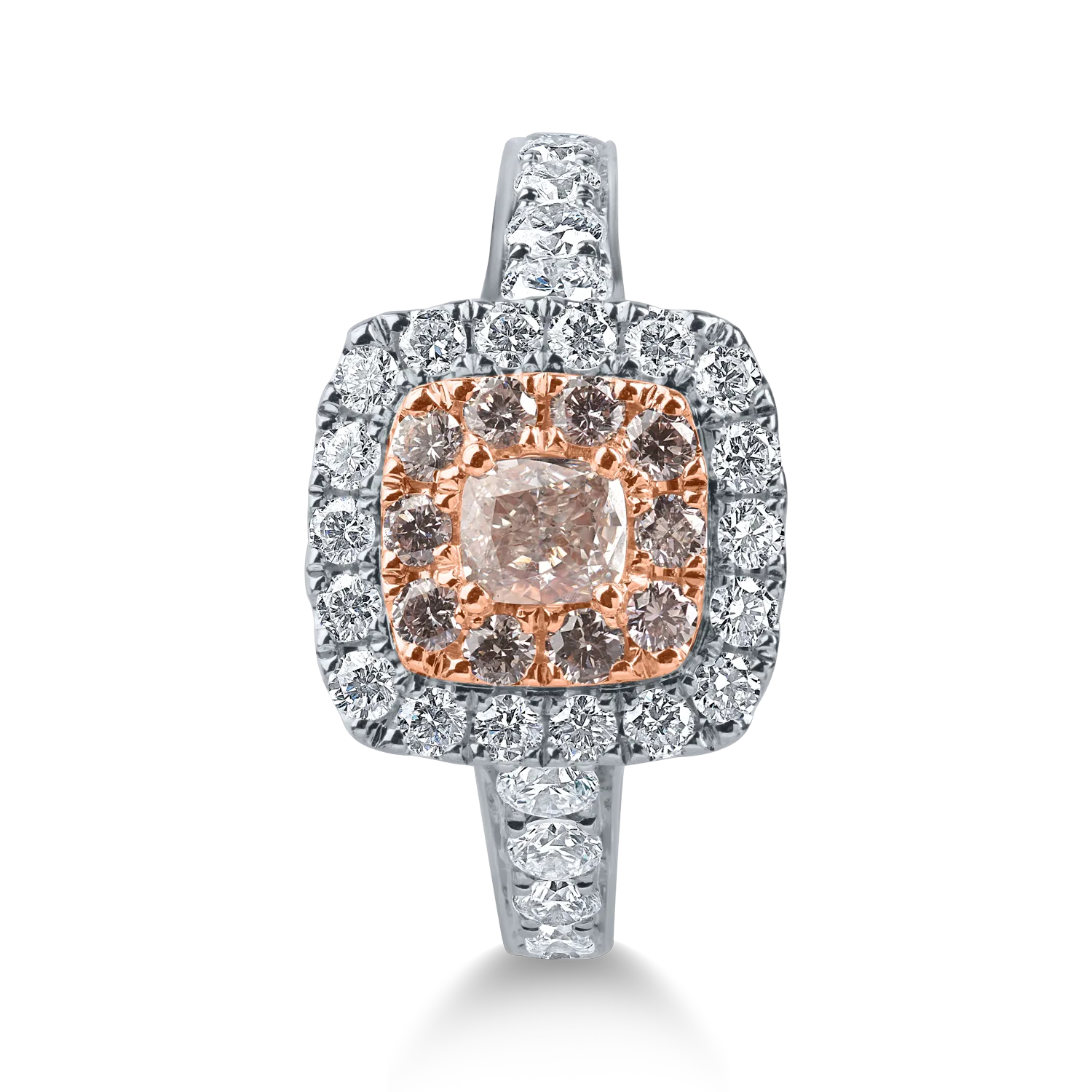 Feher-rozearany gyuru 1.47ct roz teglalap es kor alaku gyemantokkal es szintelen gyemantokkal