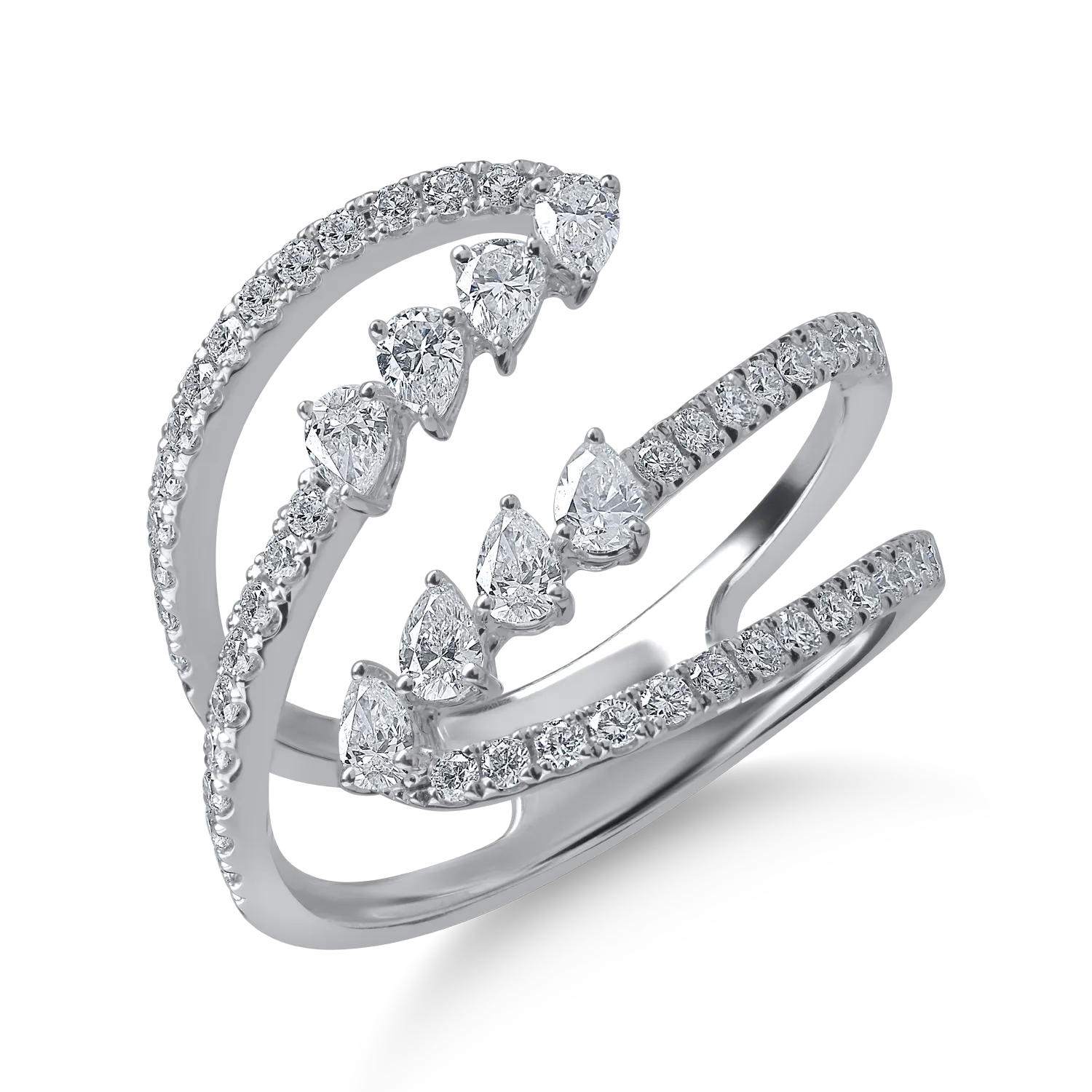 Inel deschis din aur alb cu diamante pear si rotunde de 0.97ct
