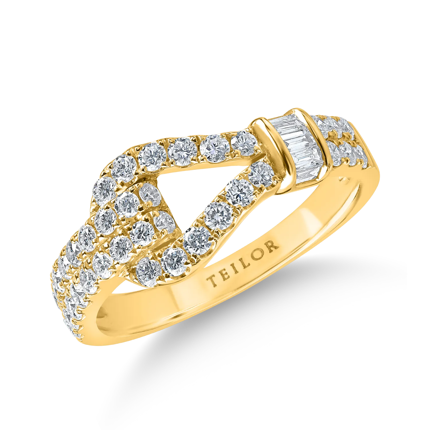 Inel geometric din aur galben cu diamante baguette si rotunde de 0.77ct